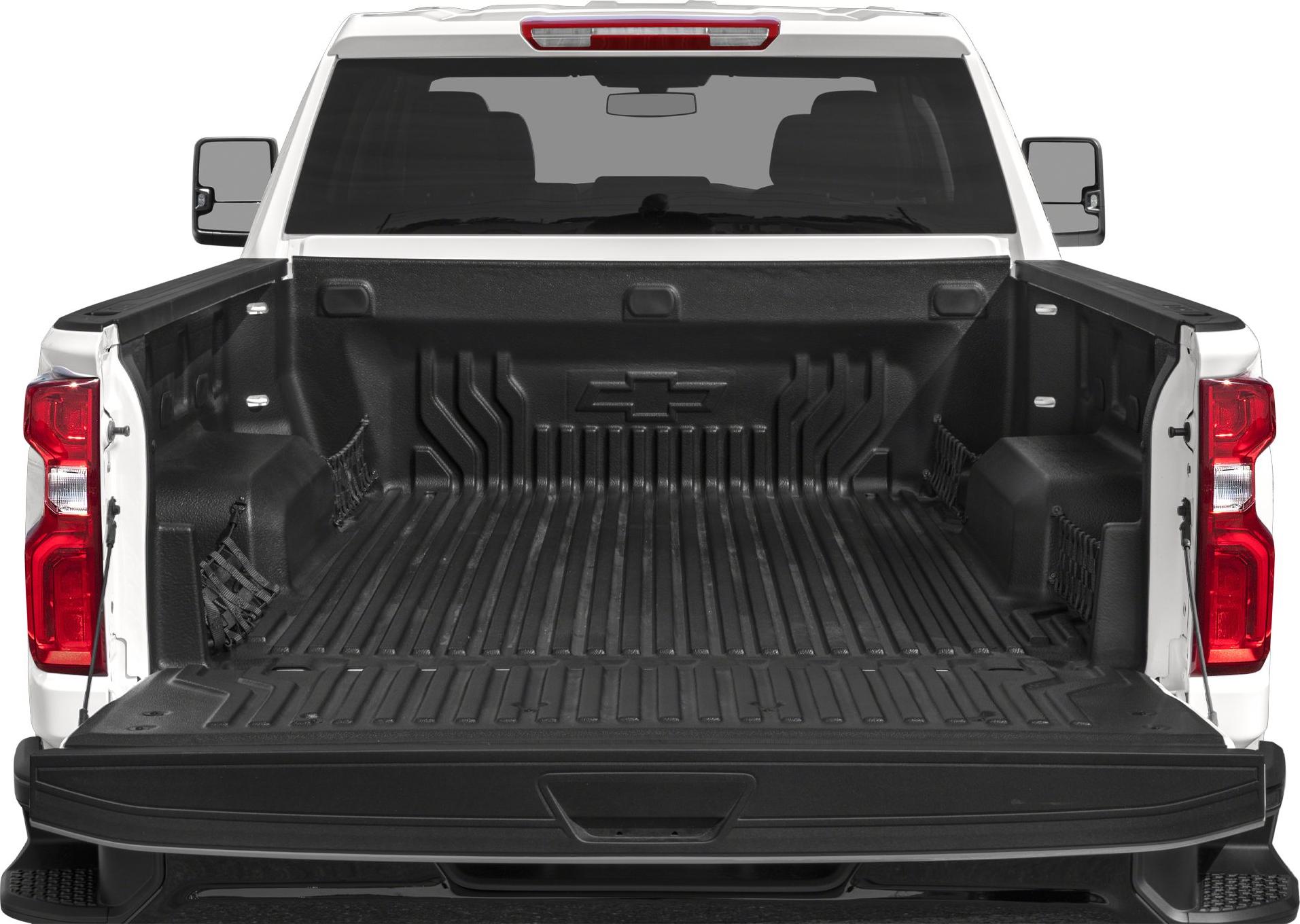 Open truck bed with protective liner and cargo nets