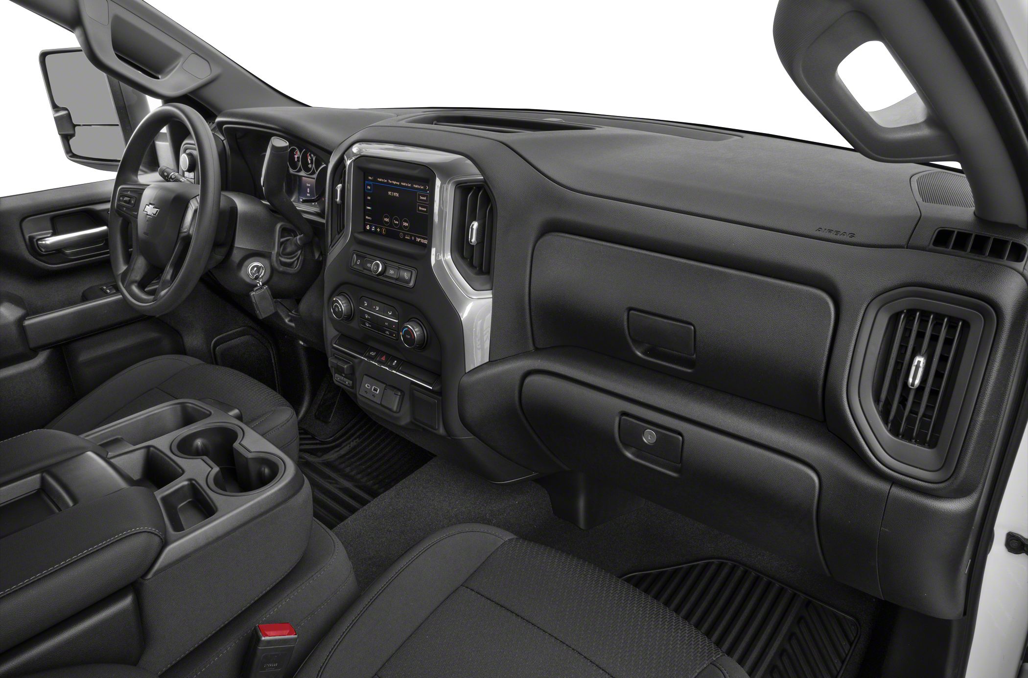Modern crew cab interior with infotainment system and ergonomic dashboard