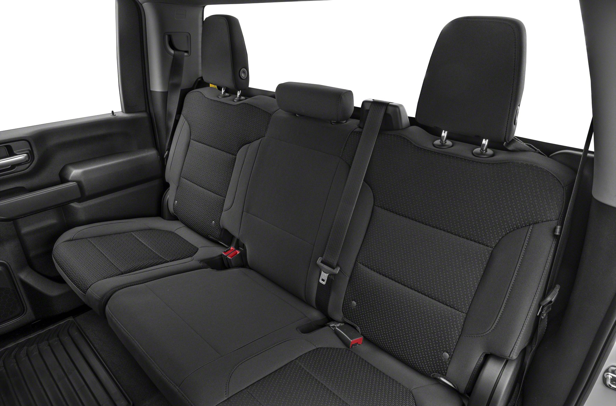 Rear seating interior with upholstery, seat belts, and headrests