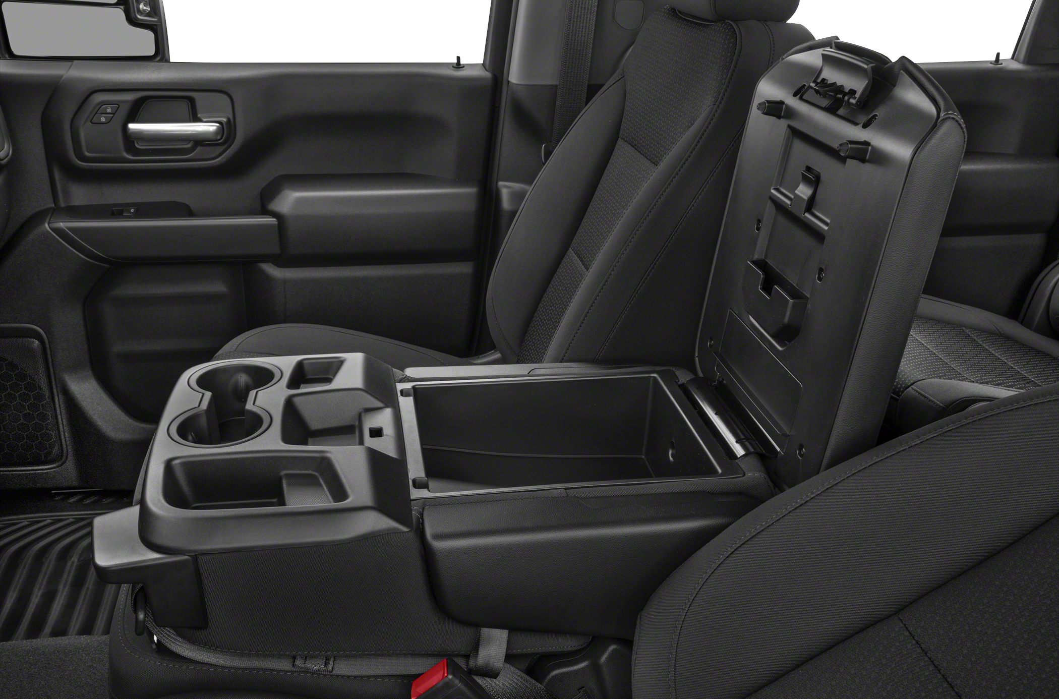 Open center console storage with cupholders in truck interior