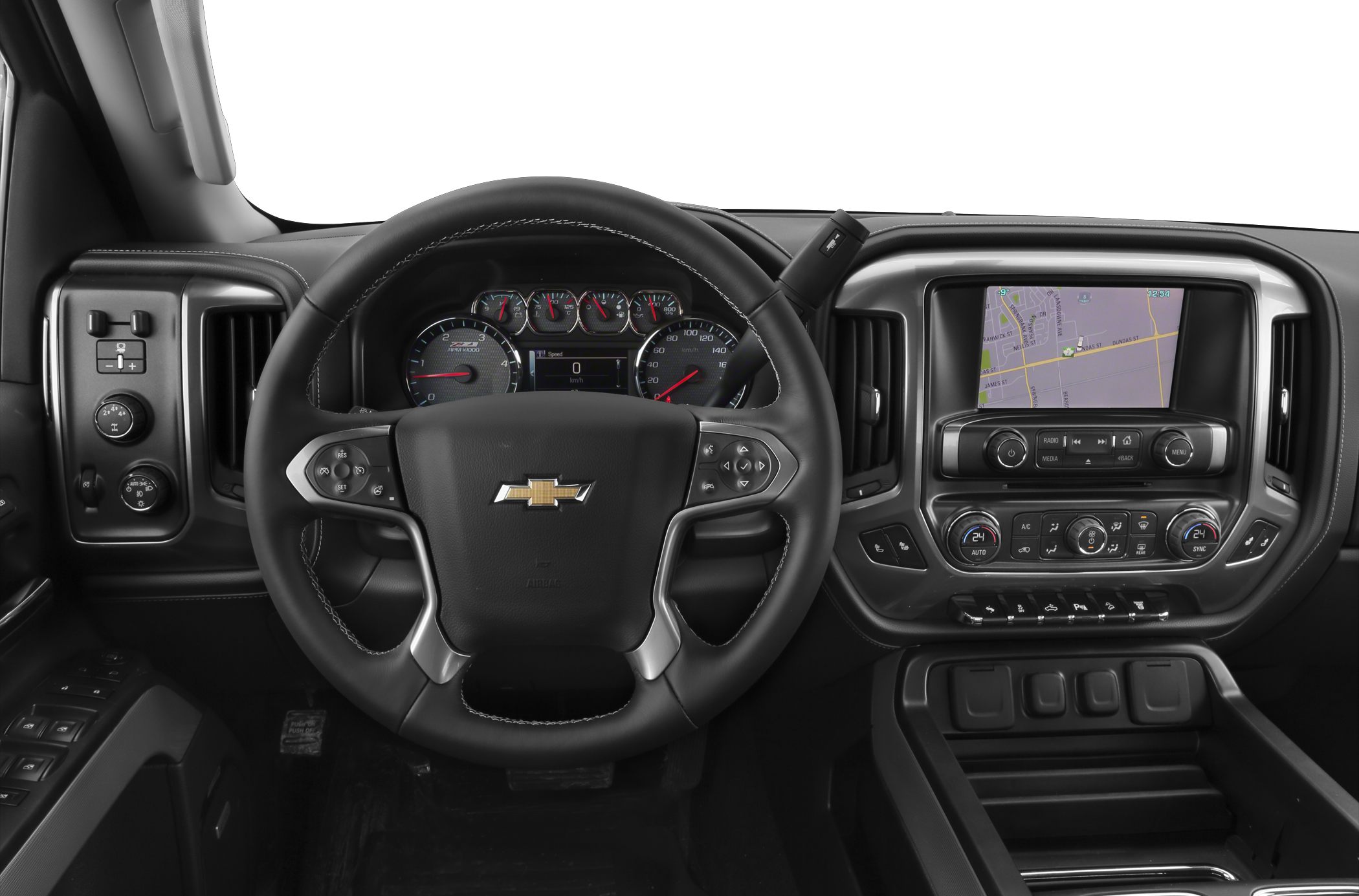 Steering wheel, dashboard instruments, and infotainment screen with navigation
