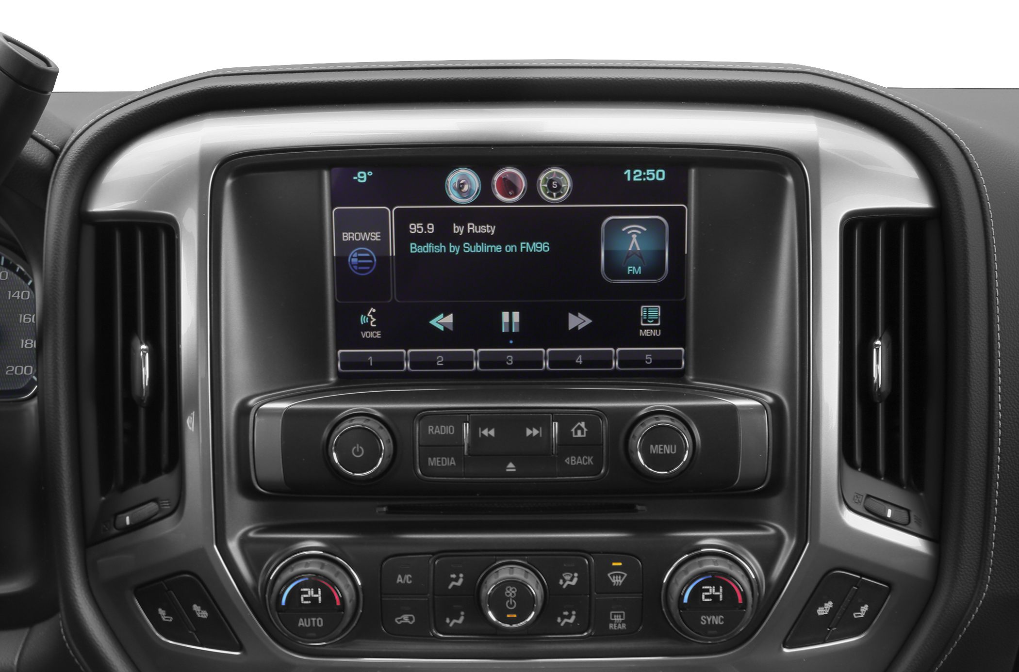 Infotainment display and climate control panel with dual zone temperature knobs