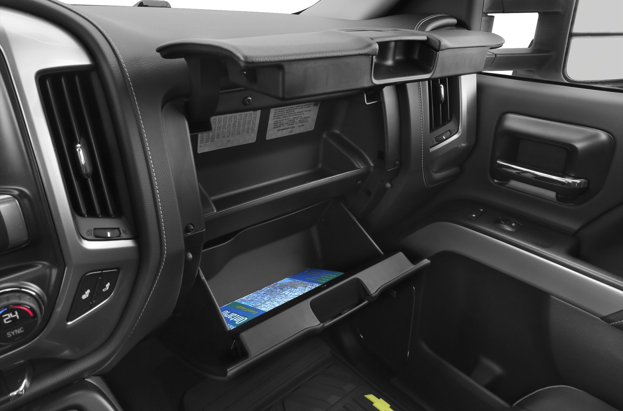 Dual glove box interior storage compartments with detailed dashboard elements