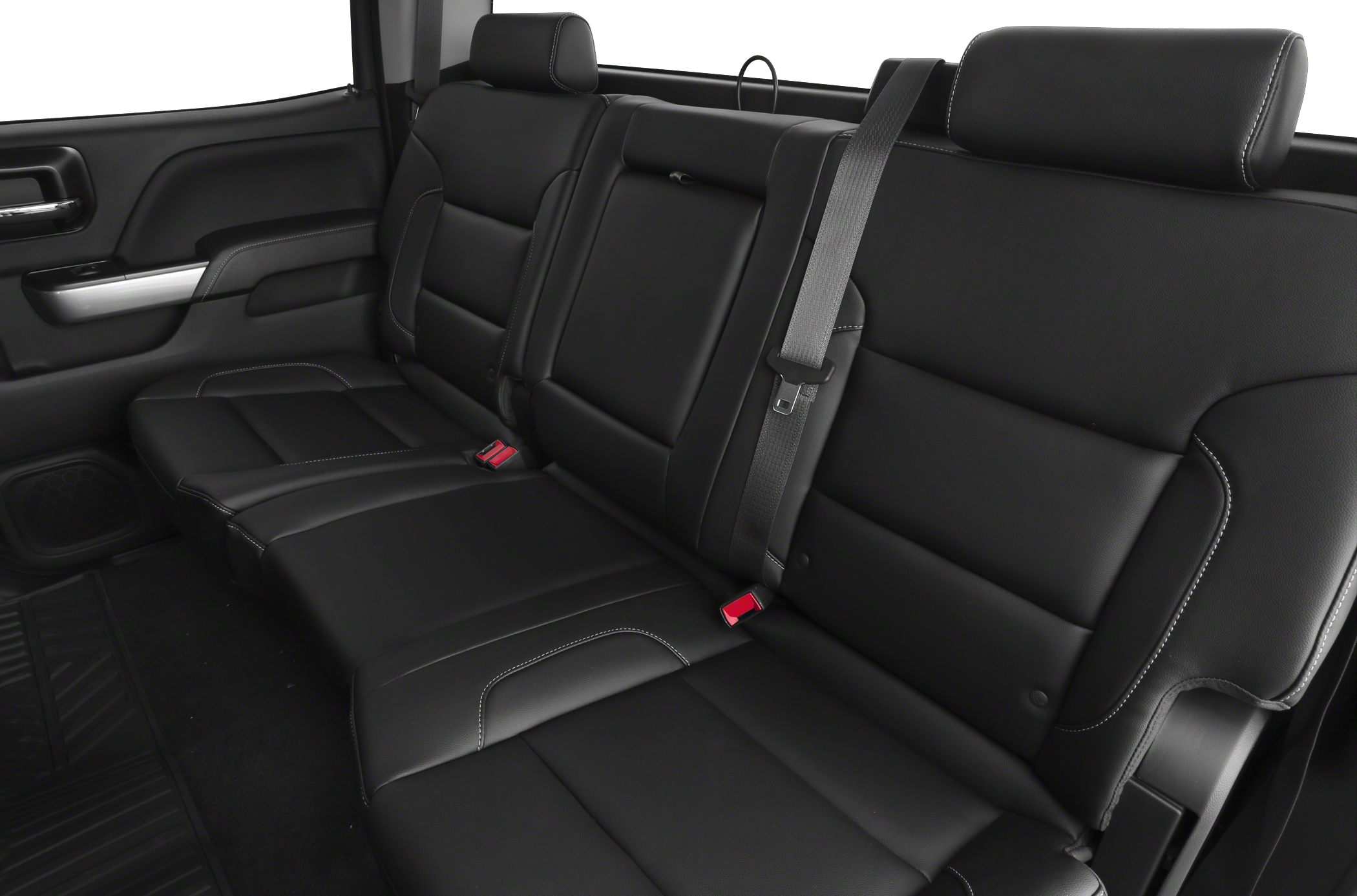 Black leather rear seats with stitching and seat belts