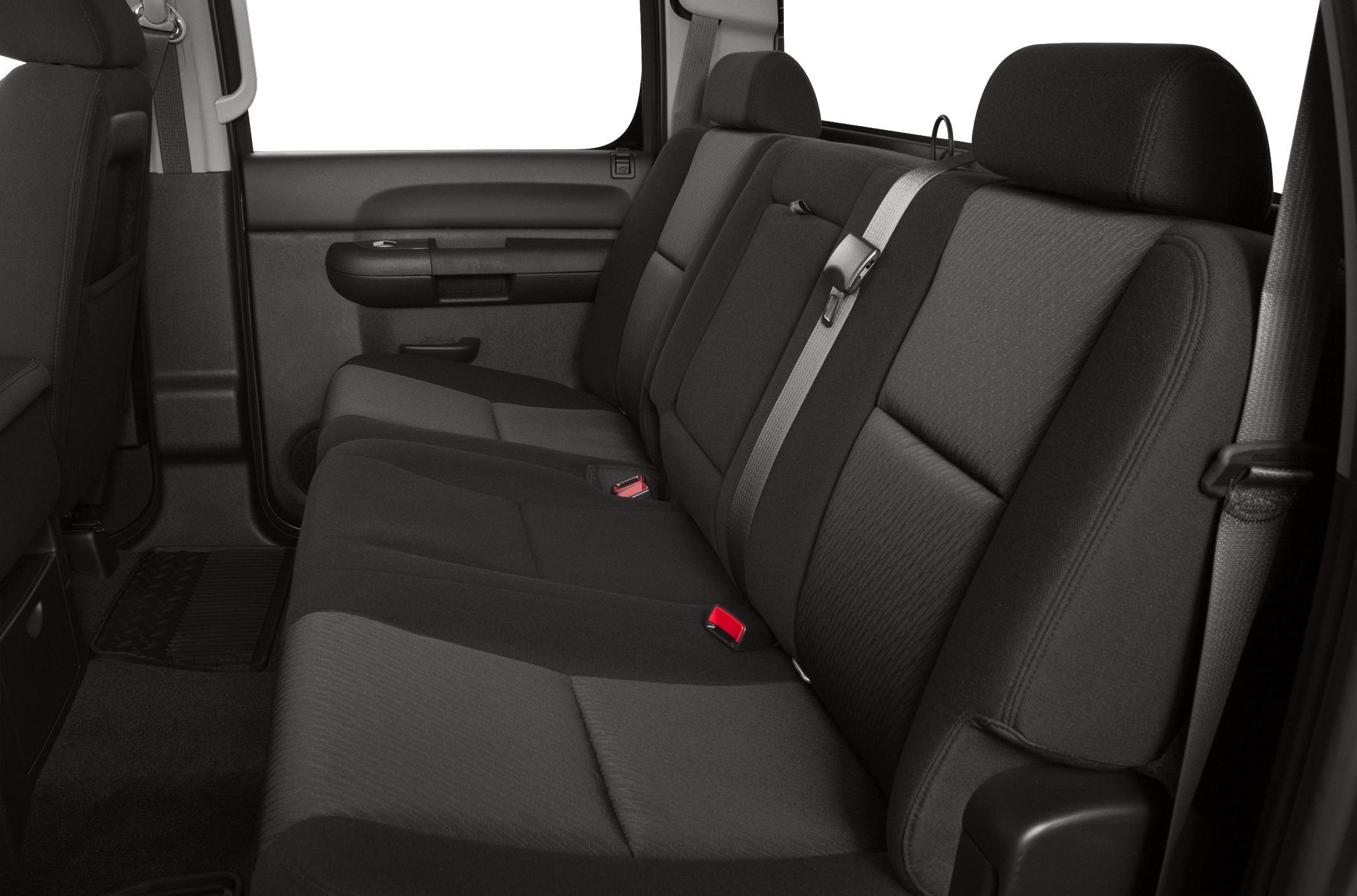Rear seat with fabric upholstery and seat belts
