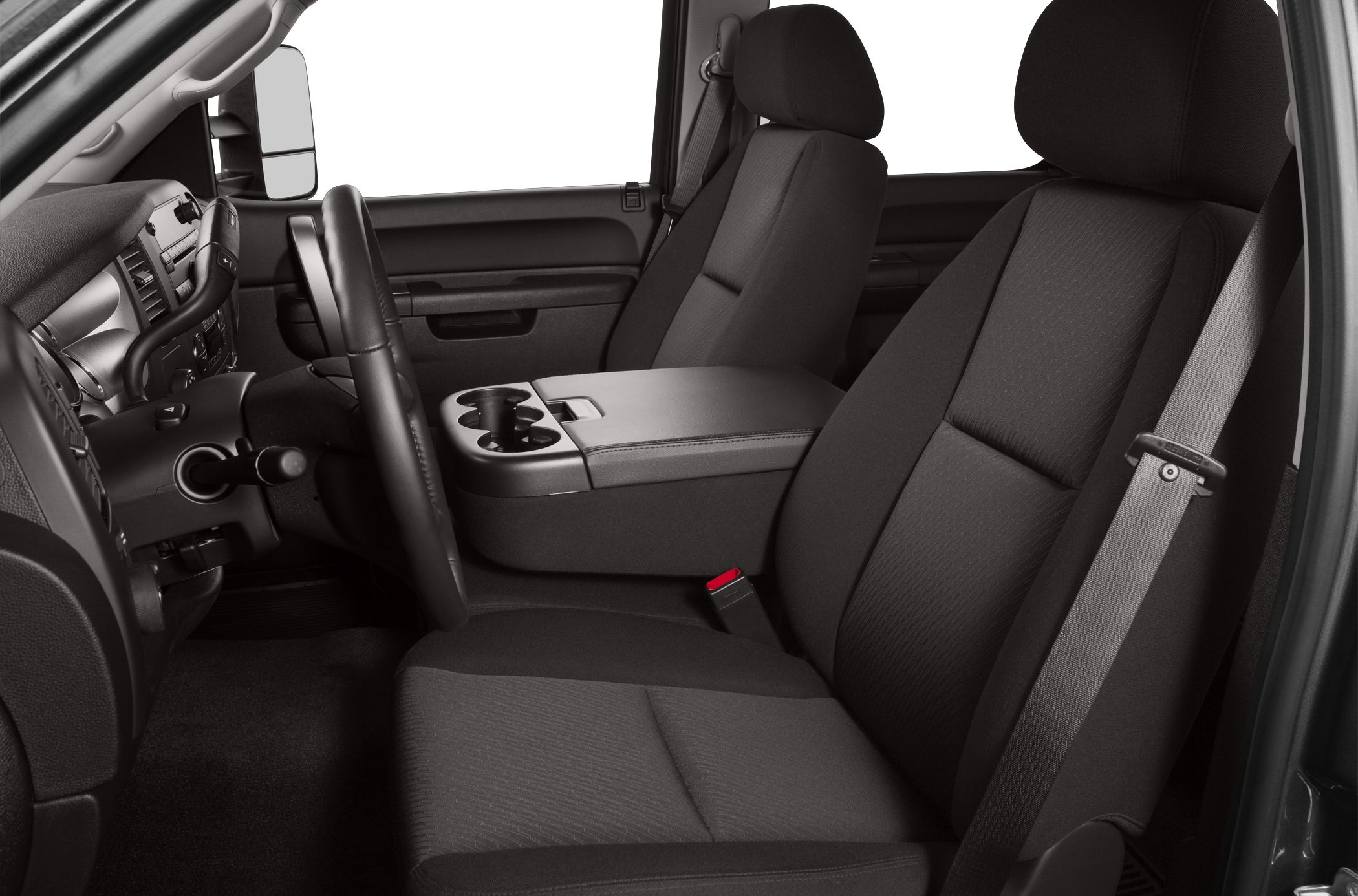 Front seats and center console with cup holders in vehicle interior