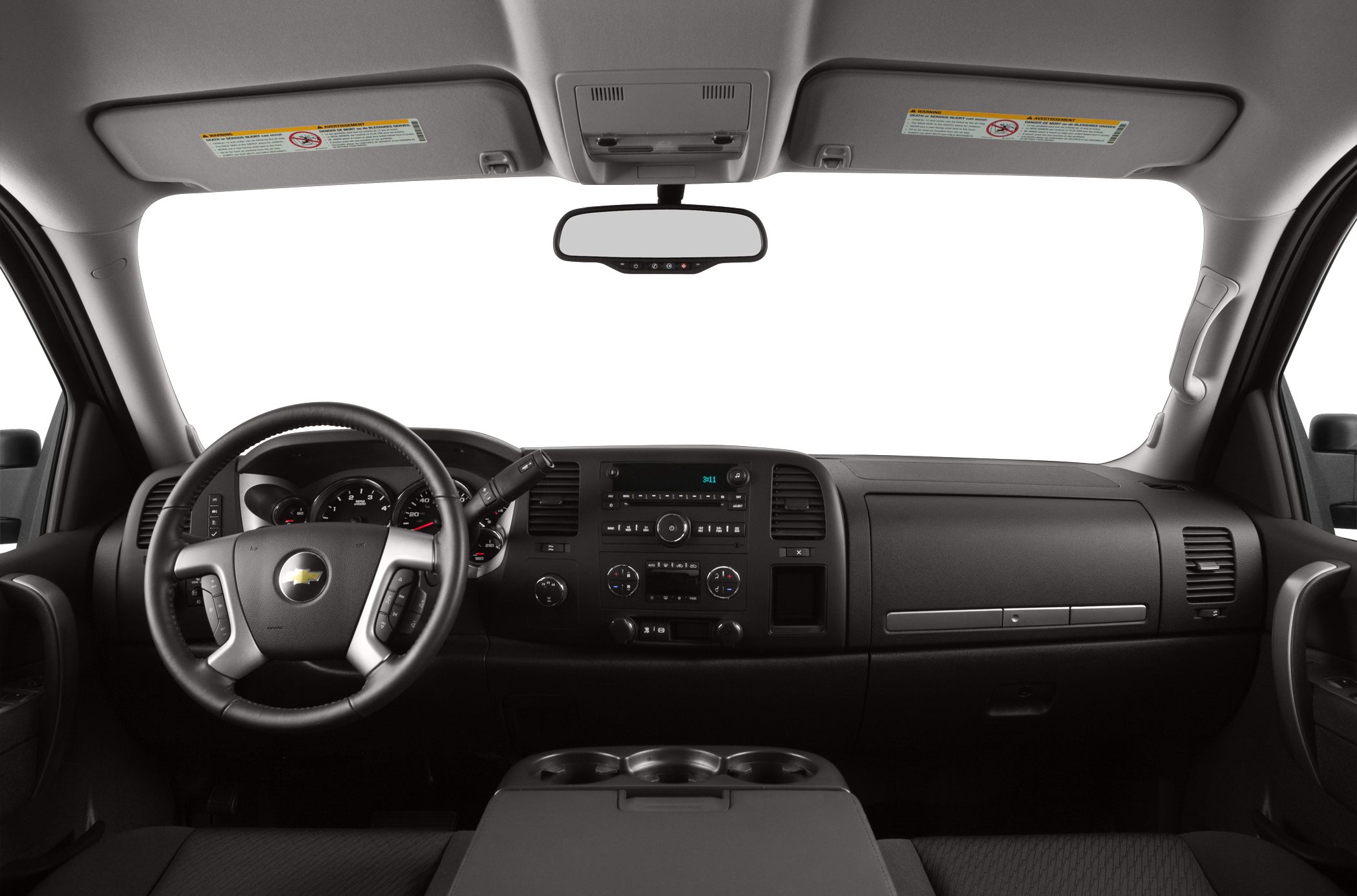 Dashboard and steering wheel with center console in a pickup truck interior