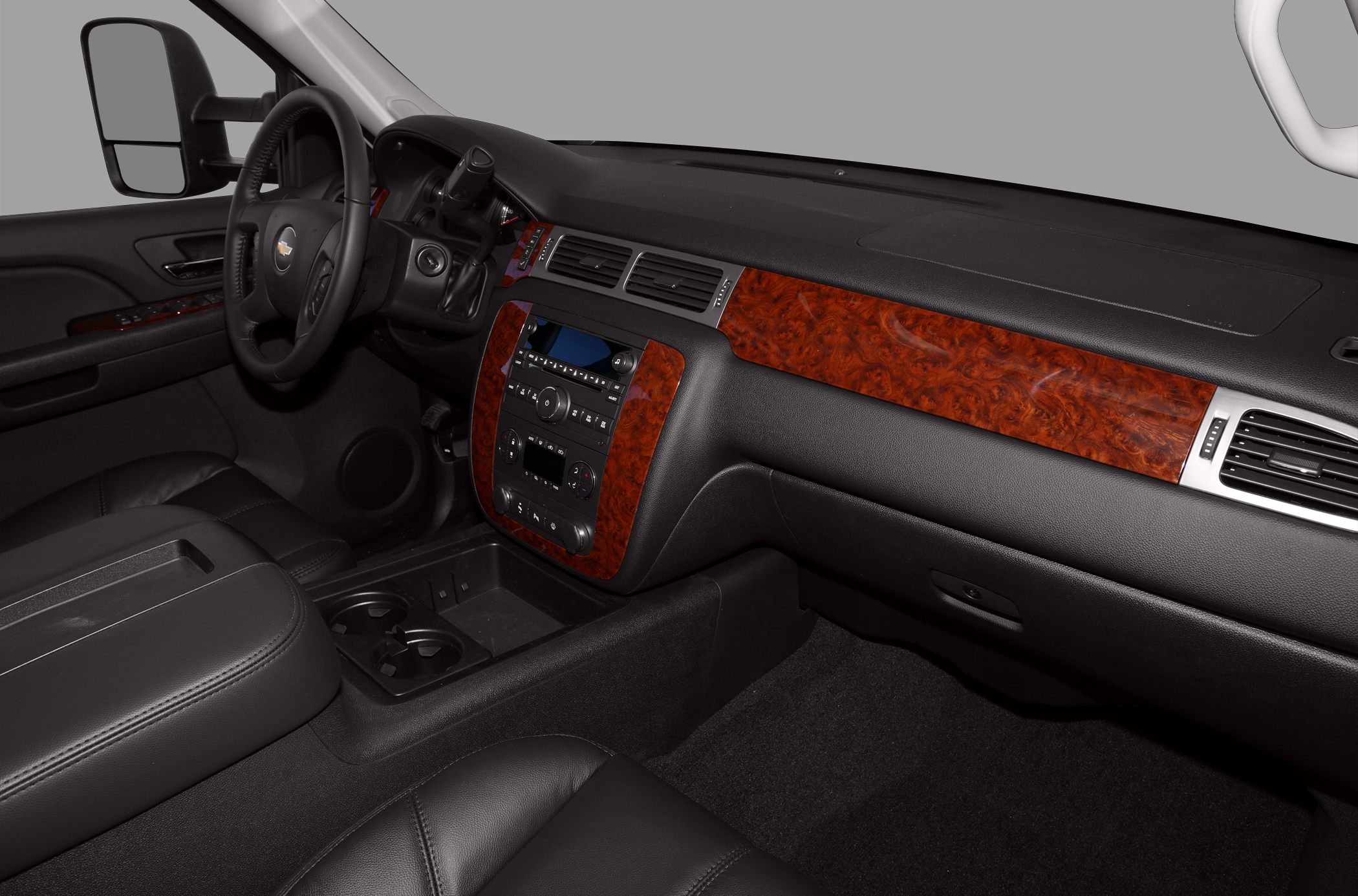 Dashboard and center console with wood trim and leather seats