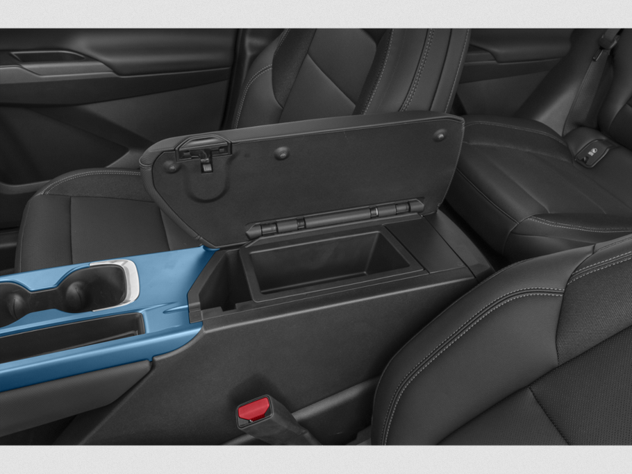 Center console storage compartment with cup holders and black leather seats interior