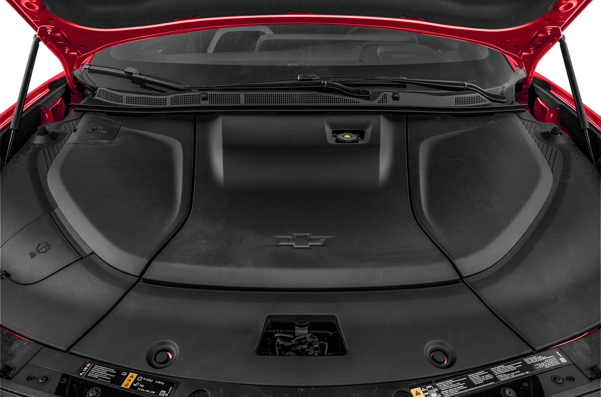 Spacious front trunk (frunk) area with organized plastic covering under the hood.