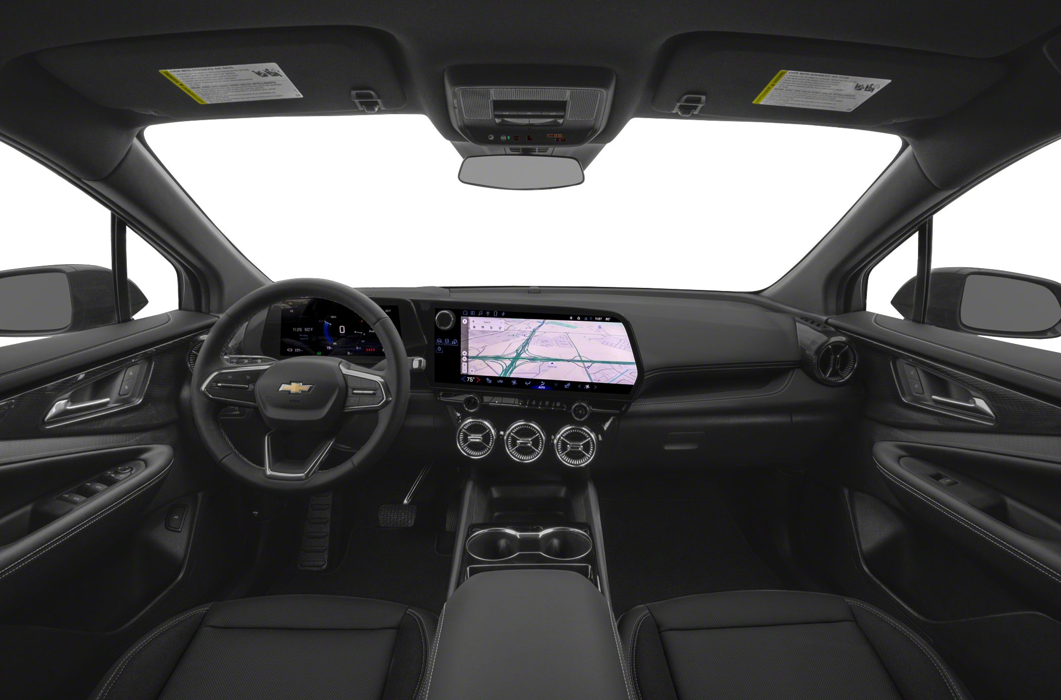 Digital instrument cluster and large infotainment touchscreen in black interior