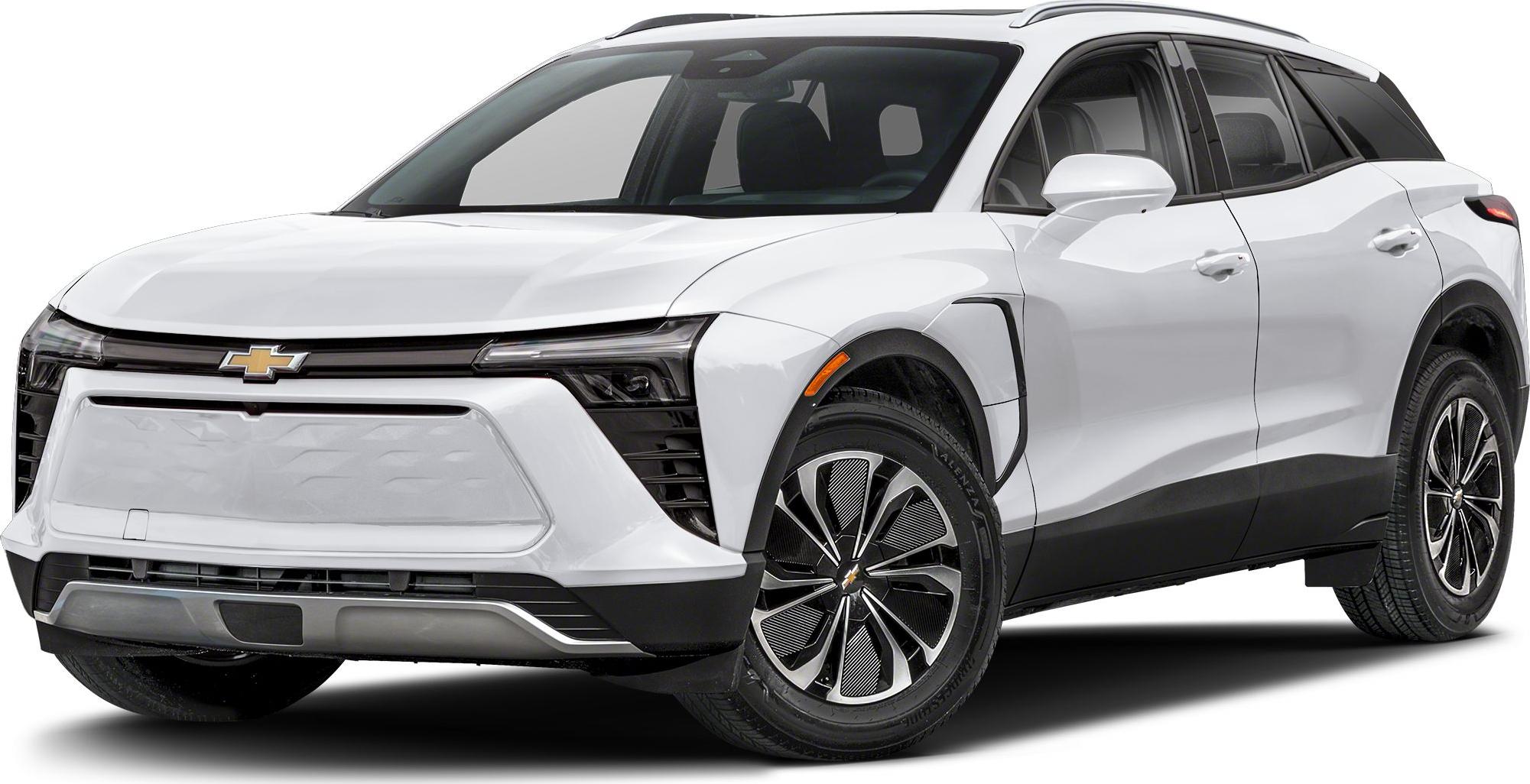Front view of an electric SUV with distinctive LED headlights and stylish aerodynamic wheels