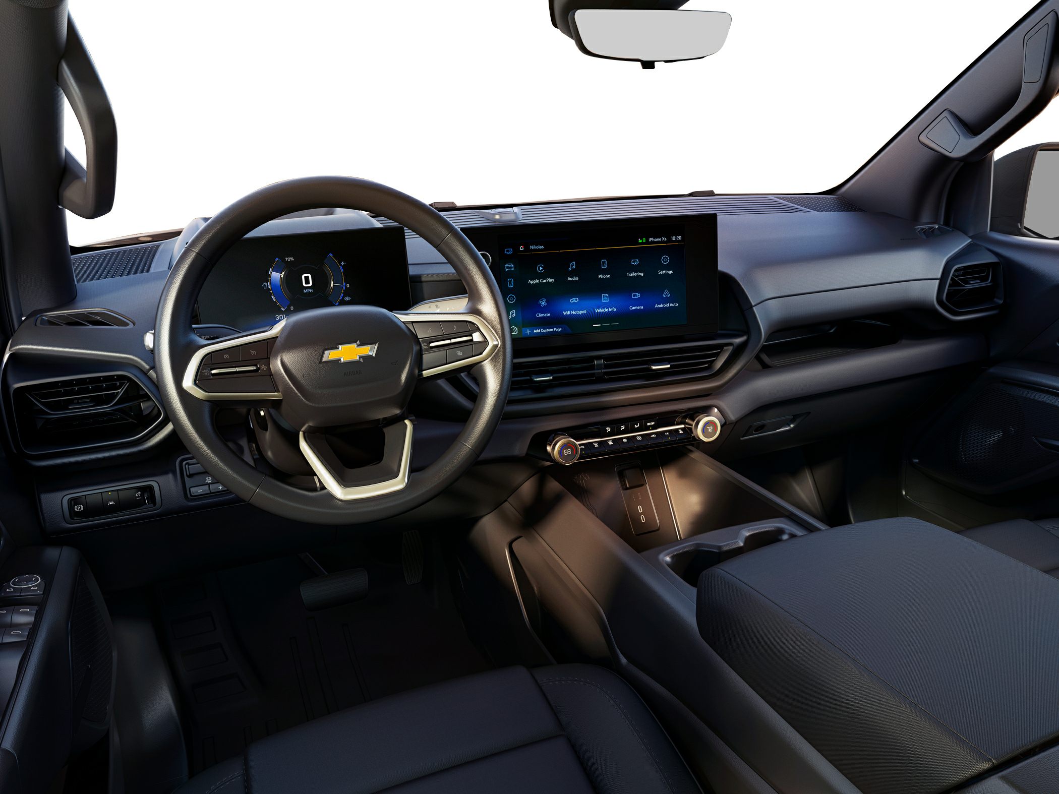 Electric pickup dashboard with digital cluster and touchscreen infotainment system