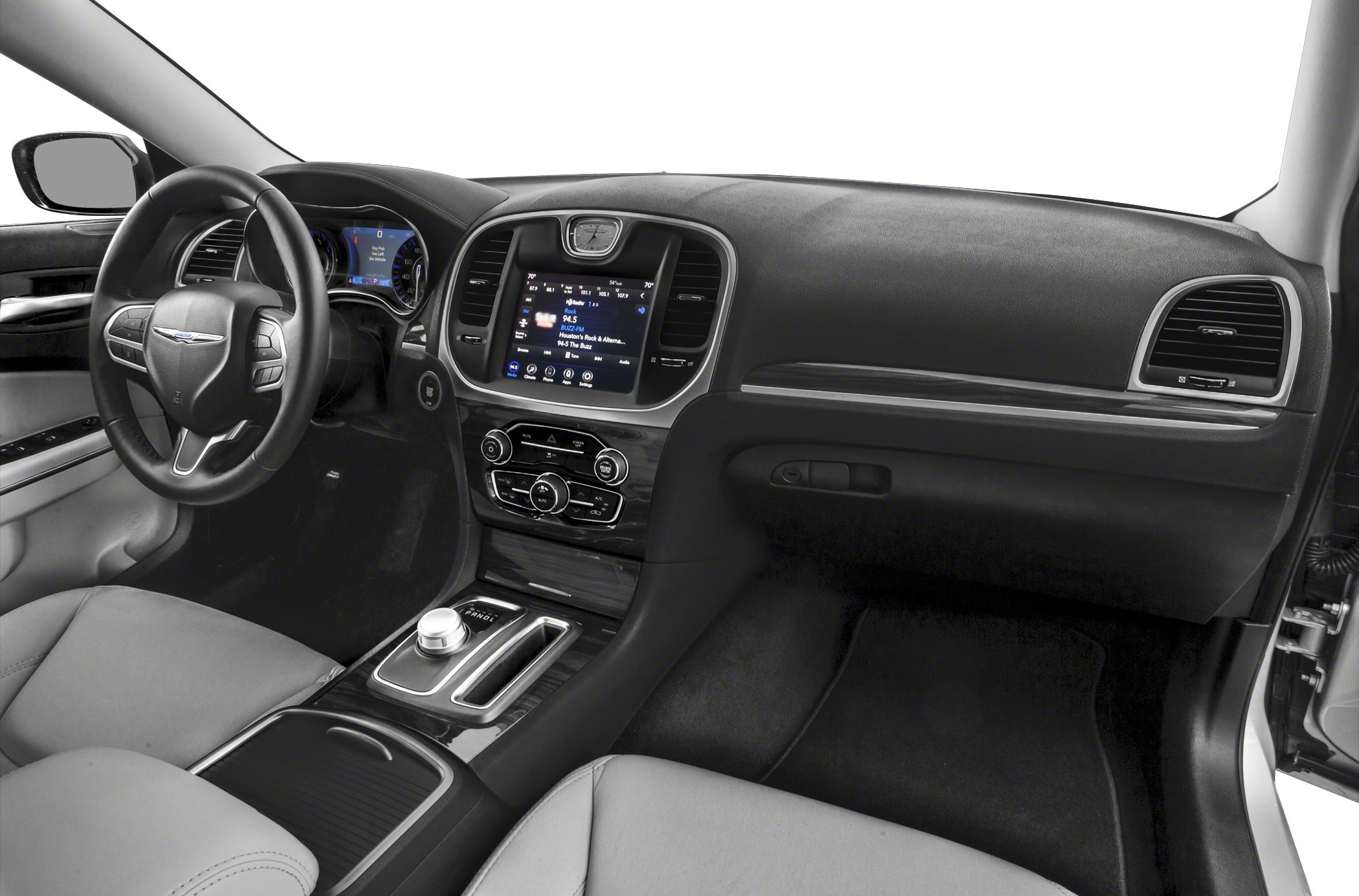 Modern sedan interior with digital dashboard and infotainment system.