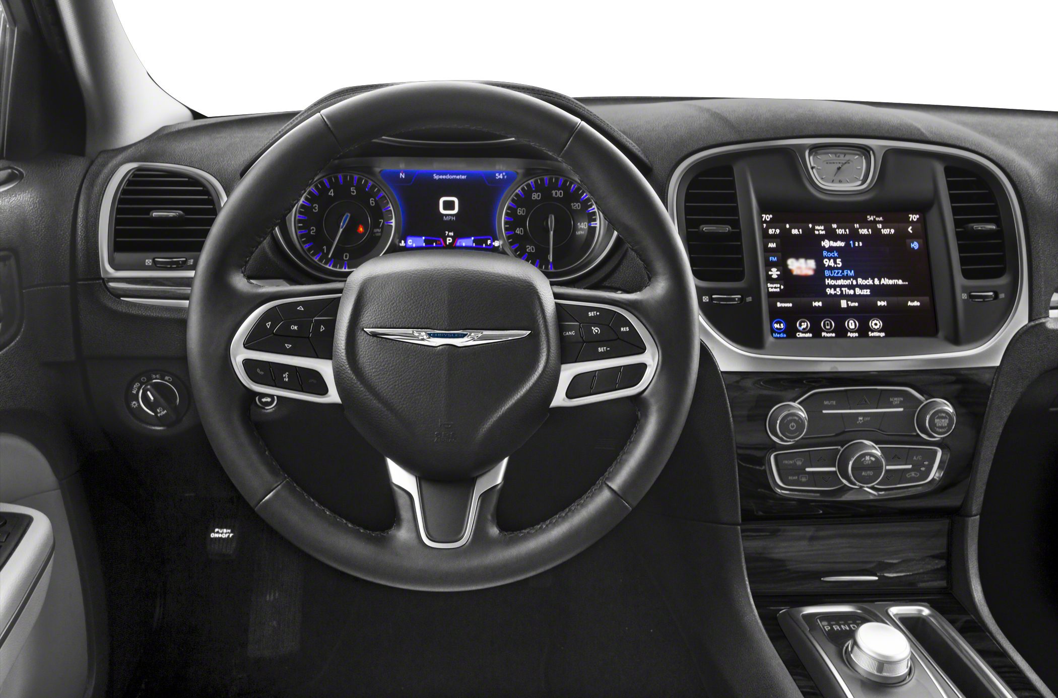 Multifunction steering wheel and touchscreen infotainment center.