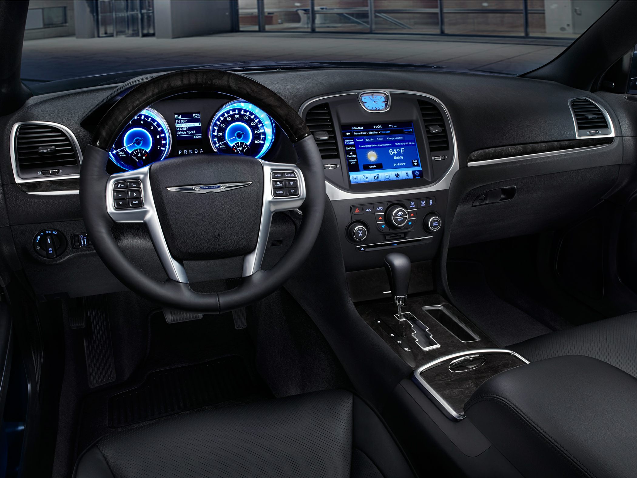 Illuminated blue instrument cluster and modern center console dashboard