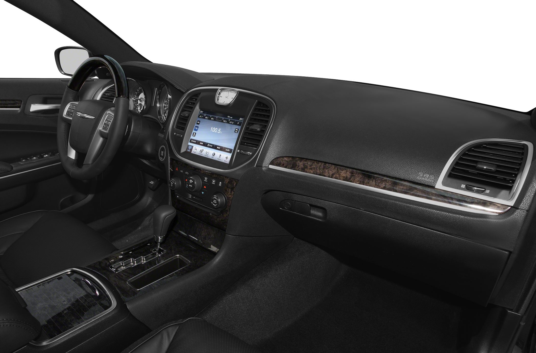 Infotainment touchscreen with wood trim and leather steering wheel