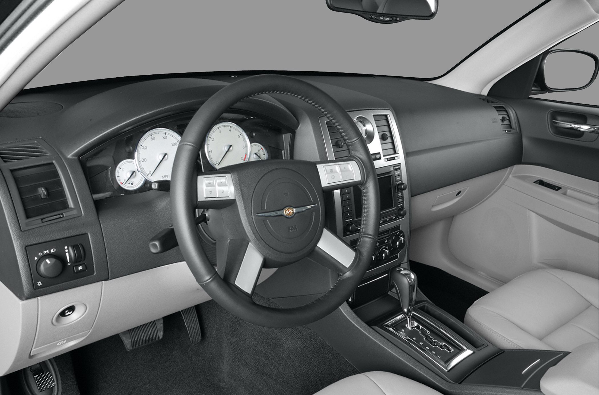 Dashboard, steering wheel with controls, automatic gear shift