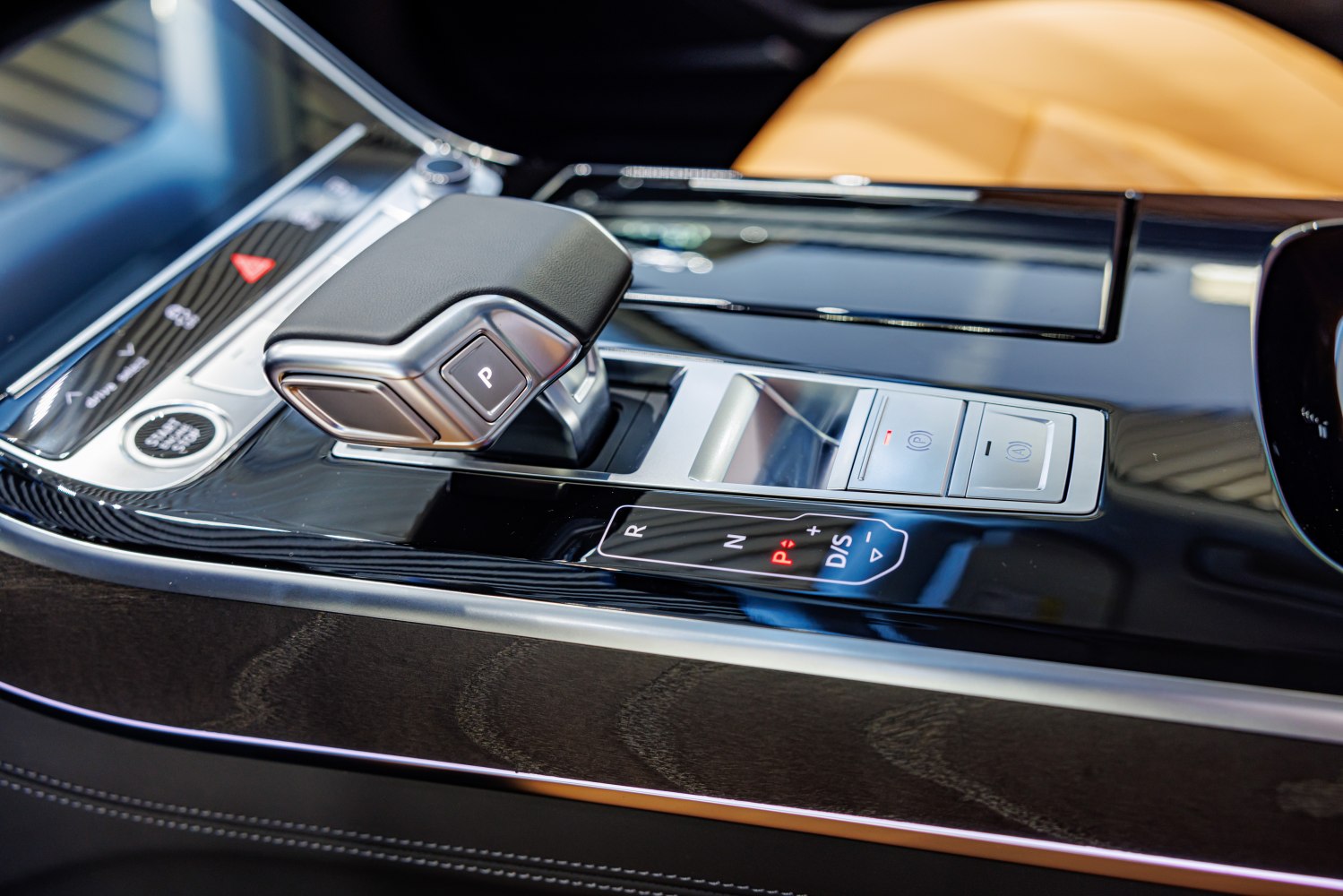 Close-up of luxury gear shift and center console controls