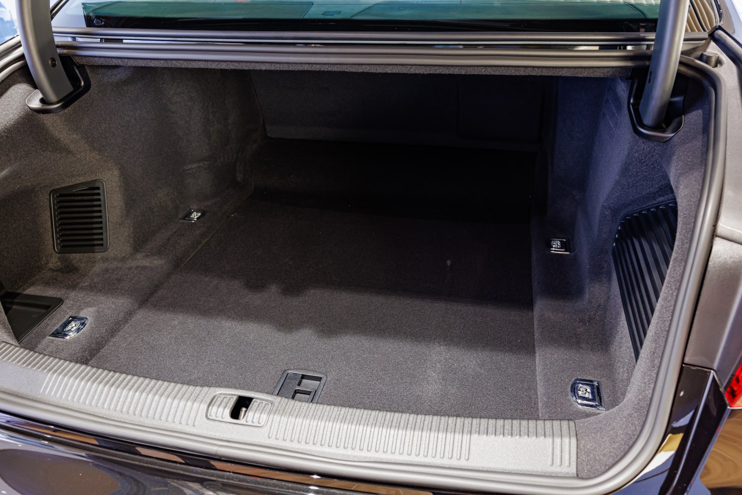 Spacious and carpet-lined trunk interior with mounting points