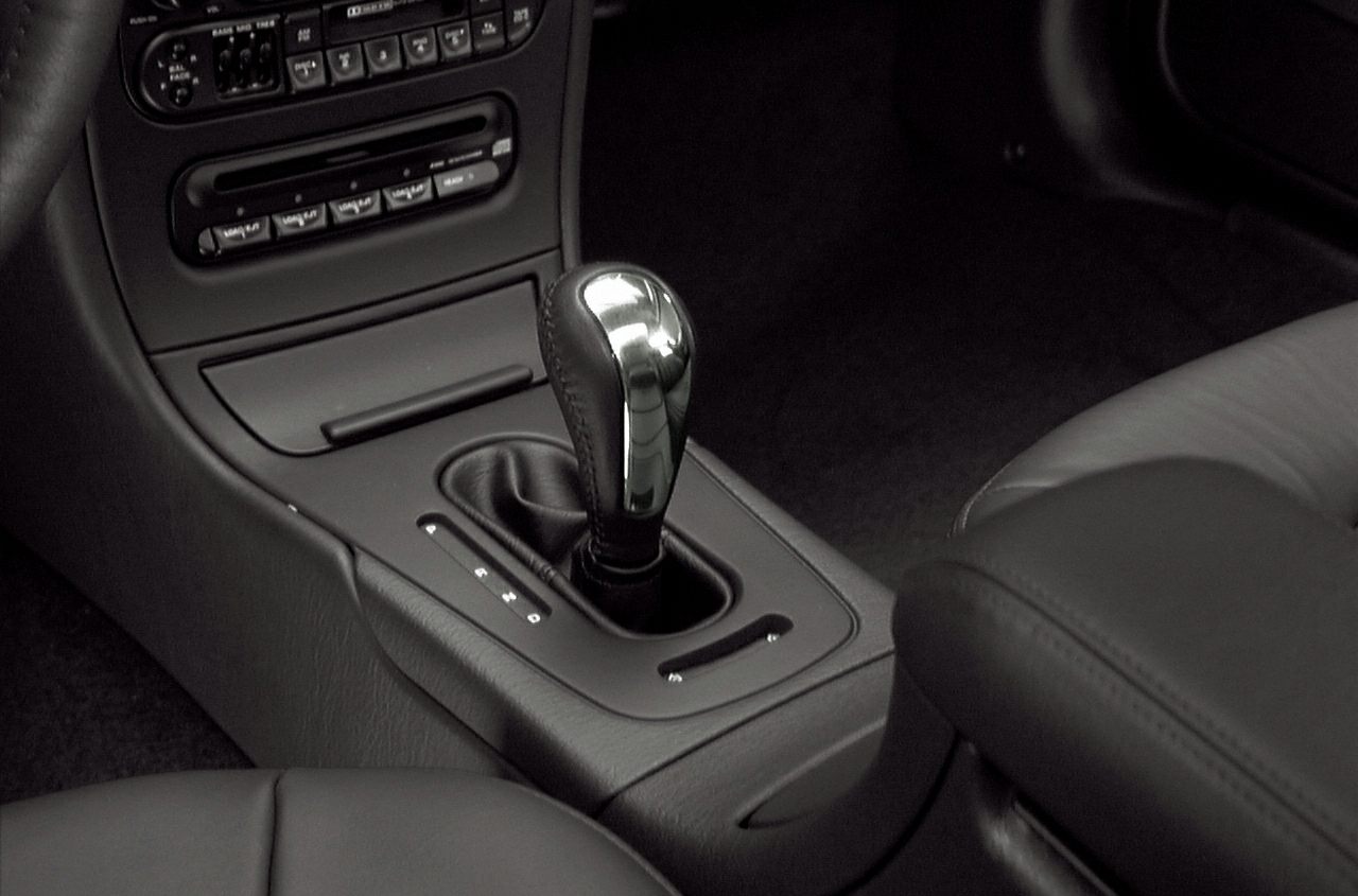 Close-up of automatic gear shift lever and console