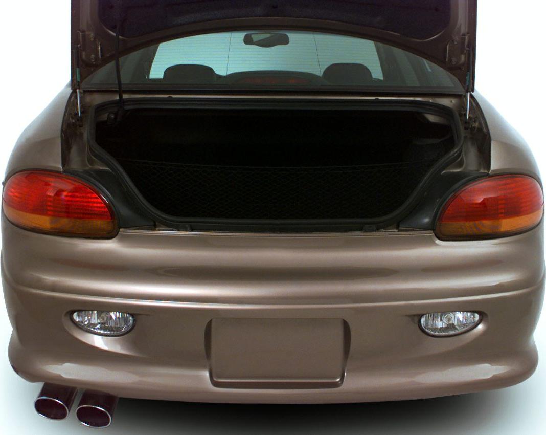Rear view showing open trunk and dual exhaust with rear lights
