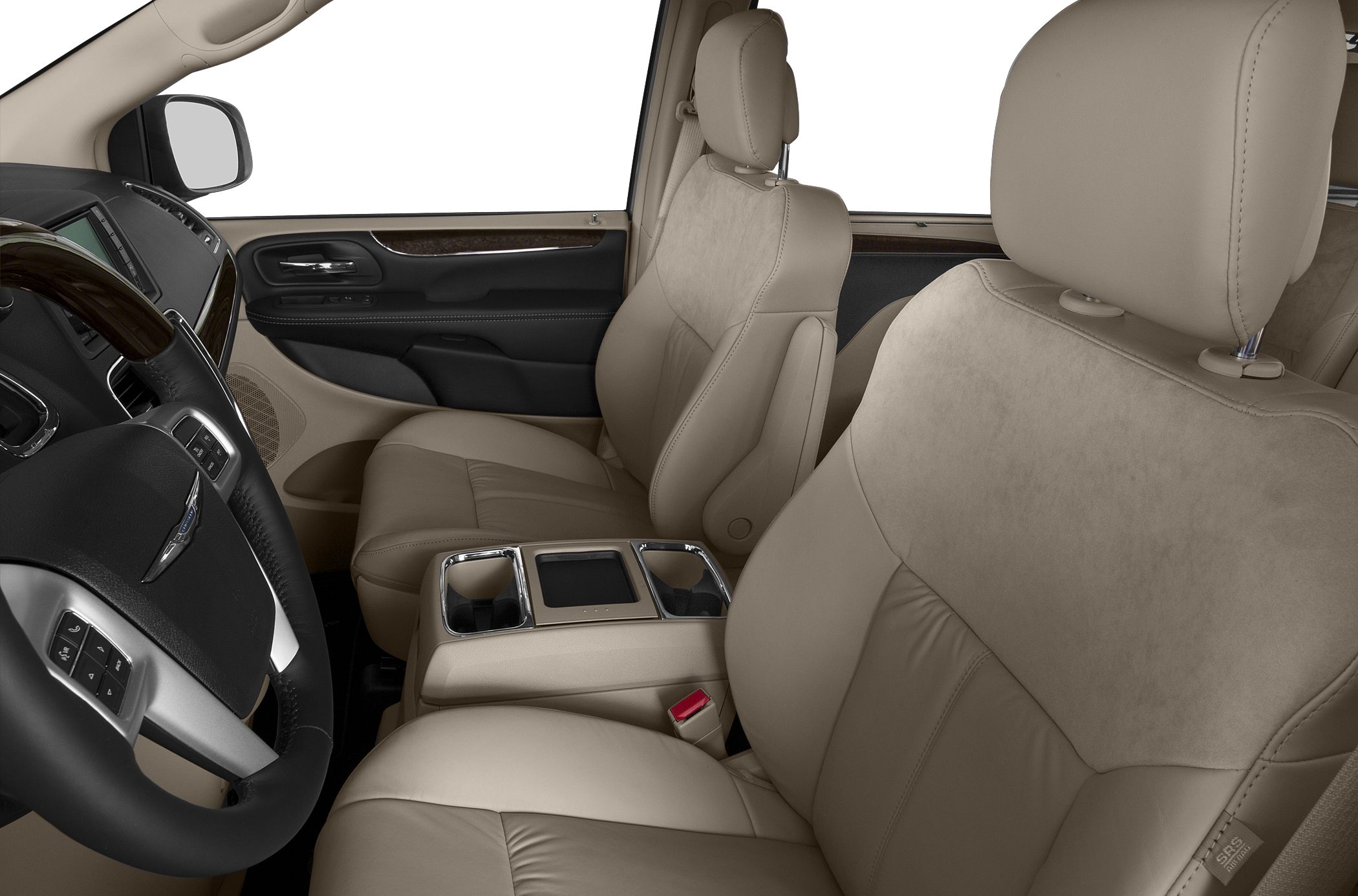 Beige leather front seats and detailed dashboard with central console