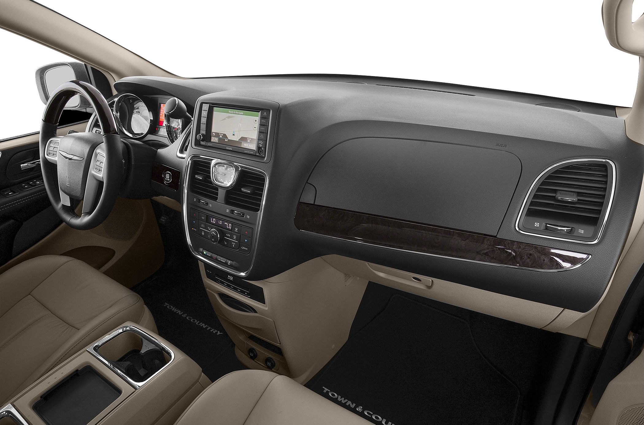 Dashboard with touchscreen navigation and beige interior seating