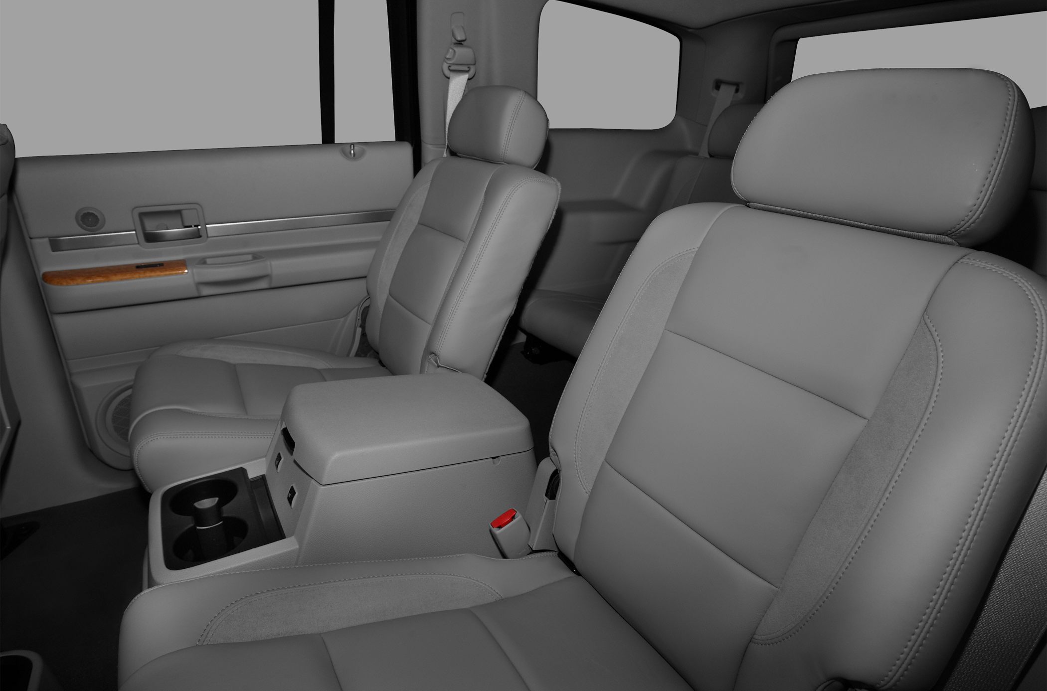 Leather seats with center console and cup holders