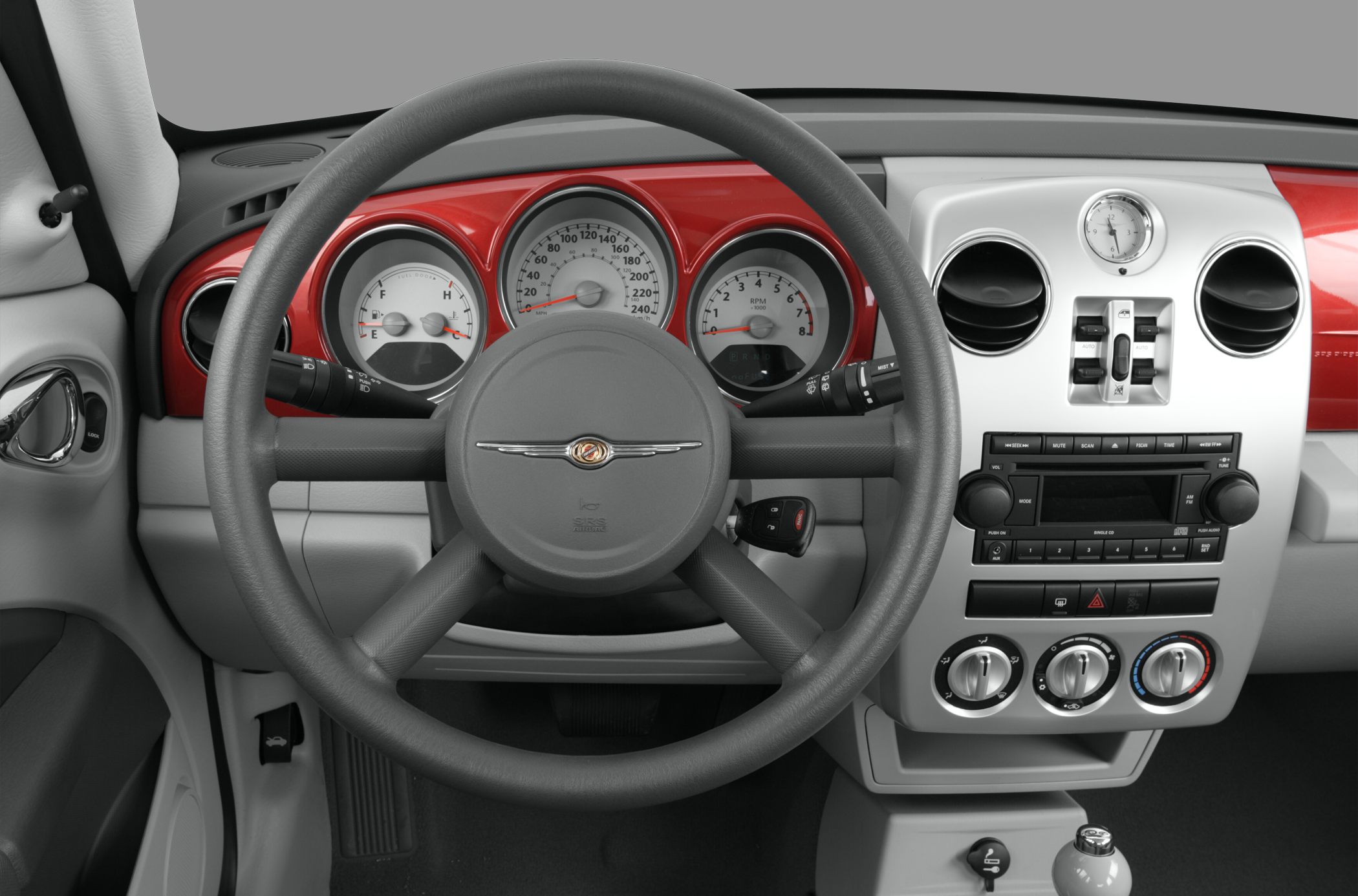 Steering wheel with vintage gauges and dashboard clock