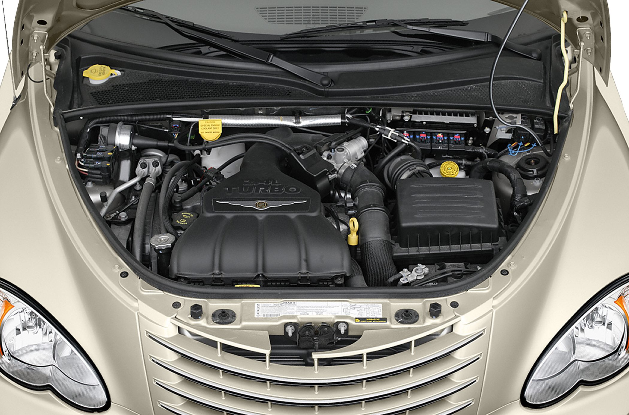 Turbocharged engine bay with visible components under the hood.