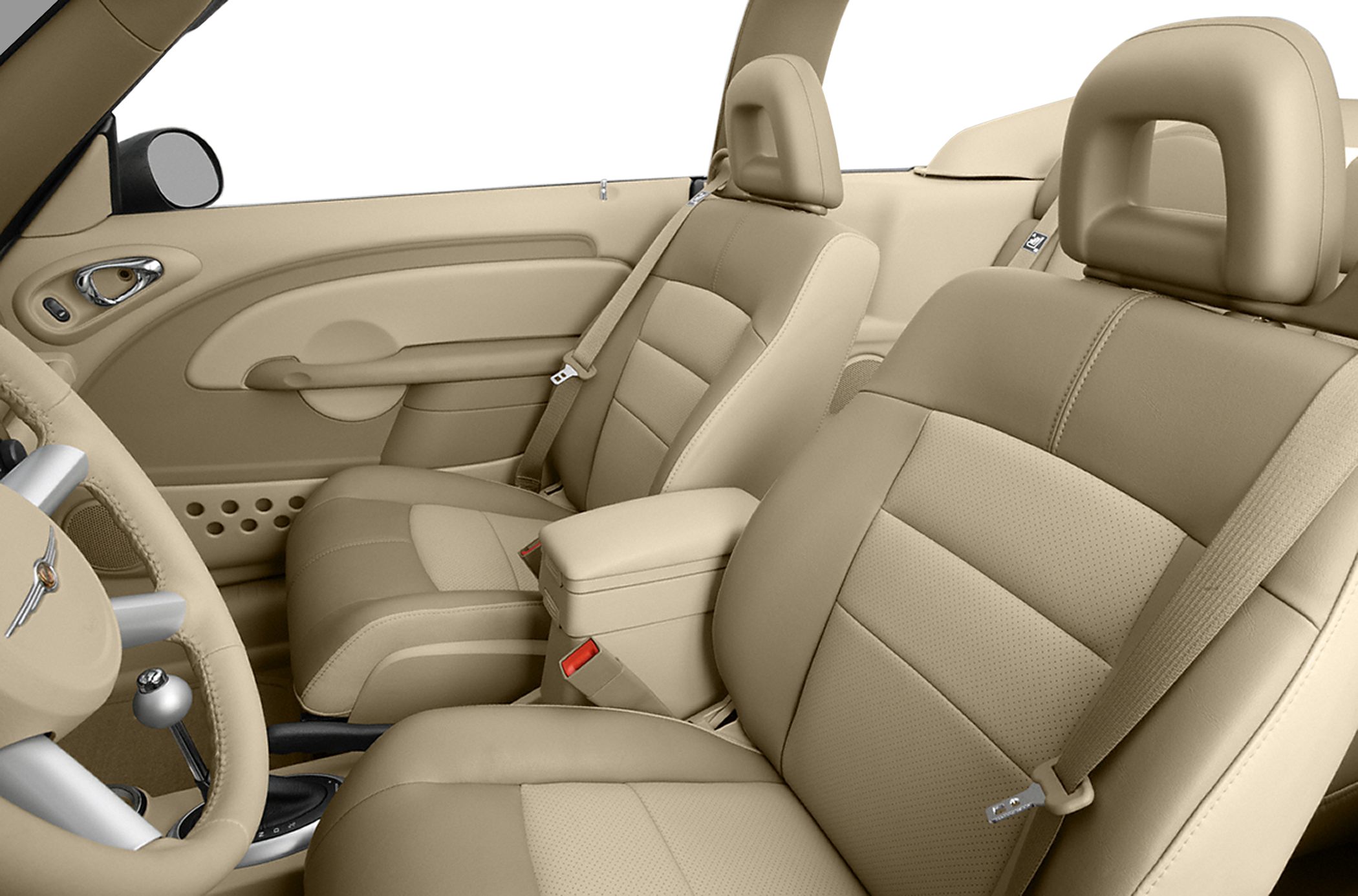 Beige leather seats and convertible interior with armrest and seatbelts