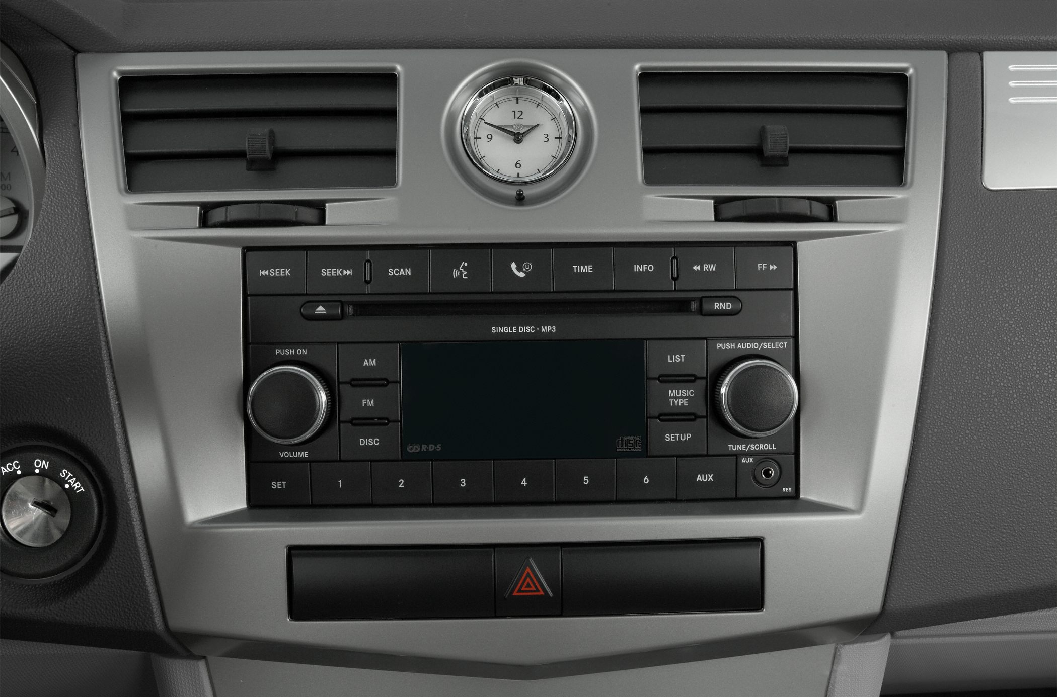 Analog clock and radio control panel with air vents