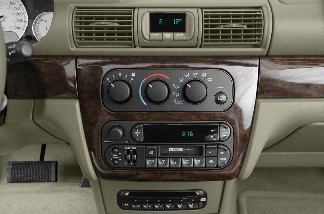 Dashboard with climate control and audio system on wood-finish panel