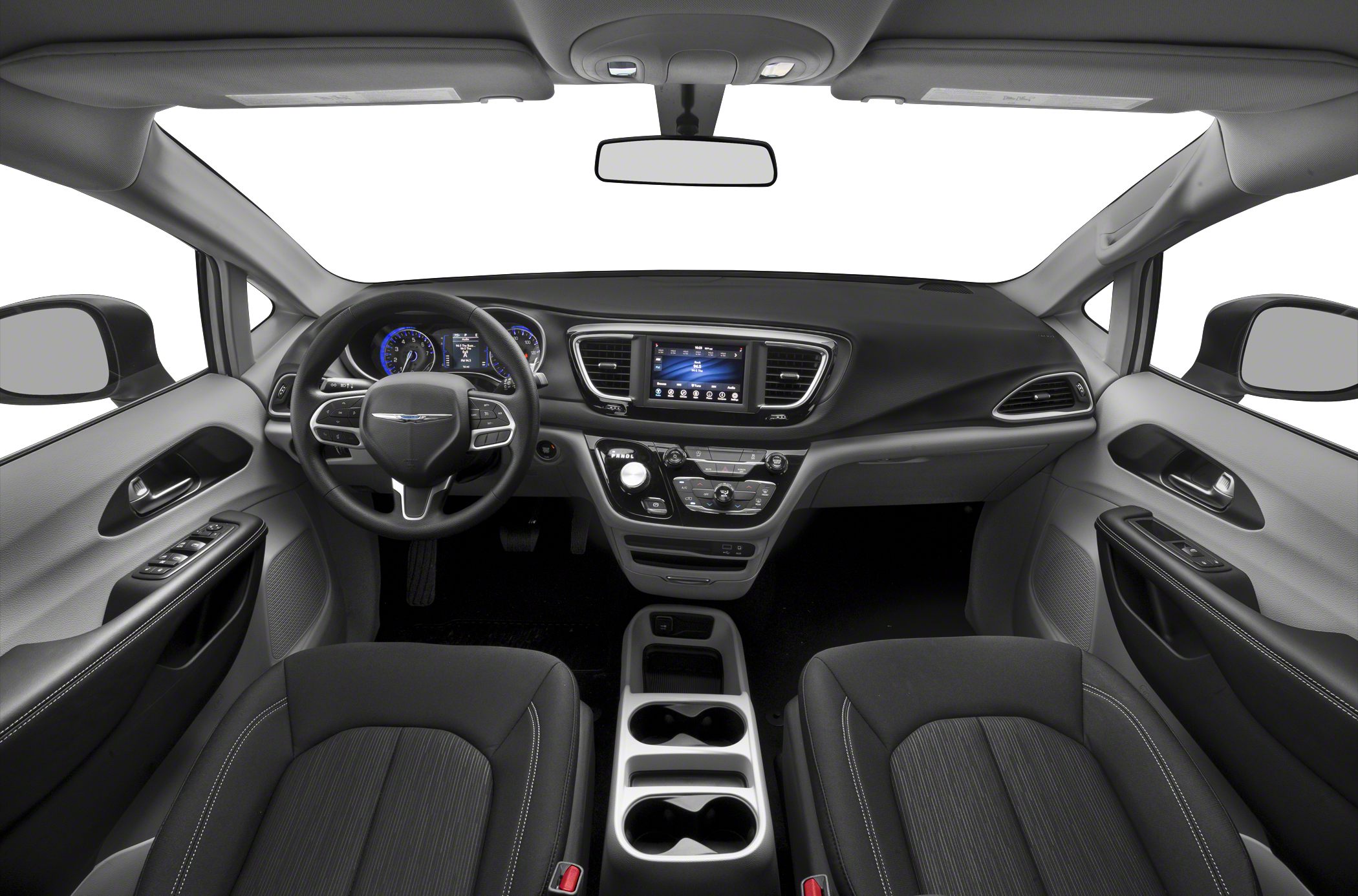 Dashboard and steering wheel in a modern minivan interior