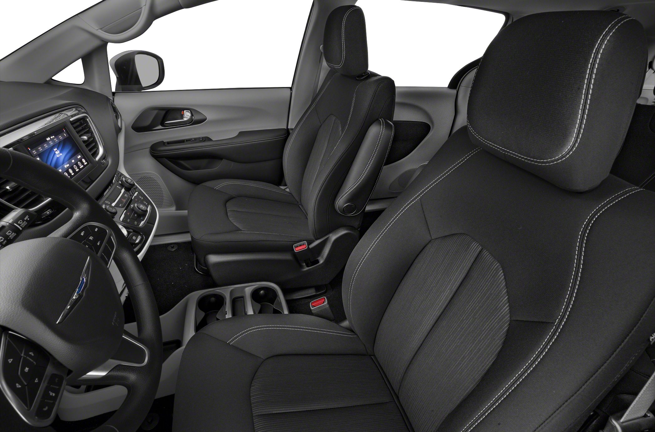 Ergonomic front seats with detailed stitching and modern dashboard touchscreen.