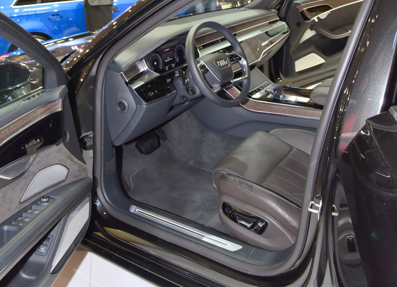 Luxury car interior with leather seats and digital dashboard