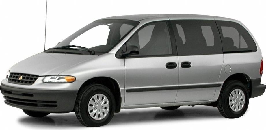 Side view of a silver minivan with sliding doors and classic 1990s design