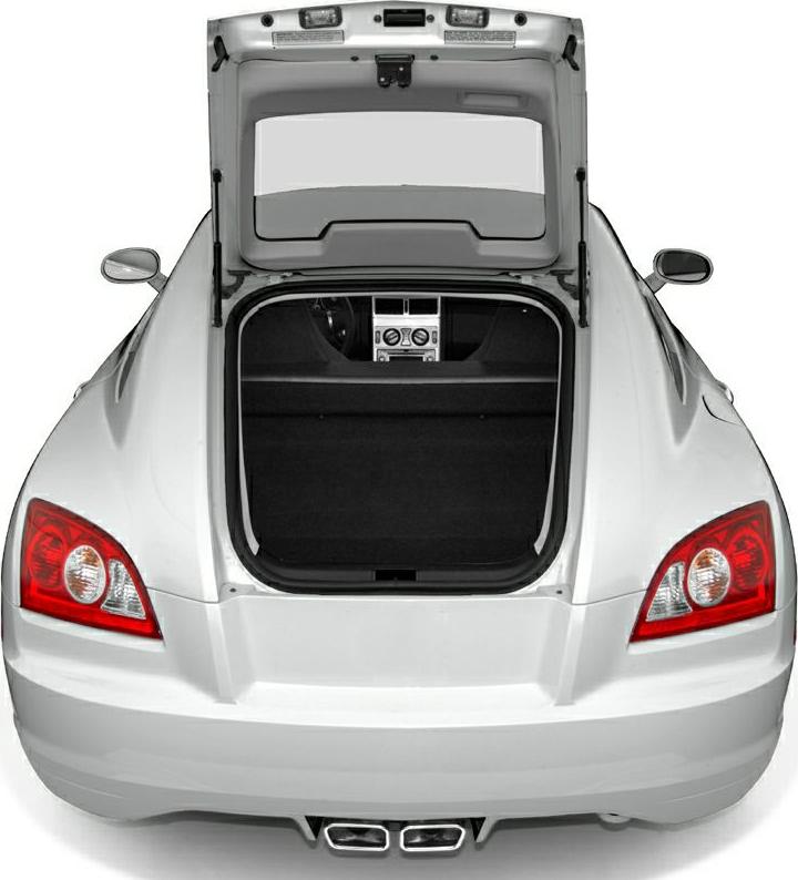 Rear view with open trunk and dual exhaust