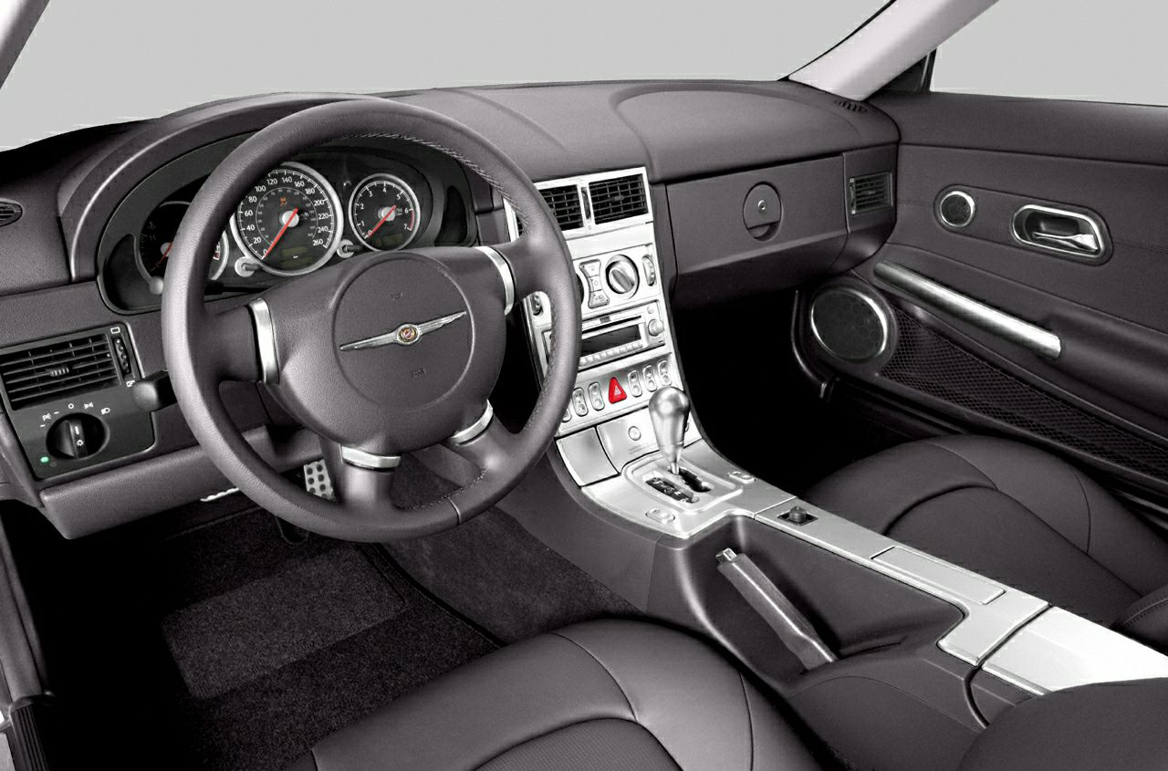 Car interior dashboard with steering wheel and center console