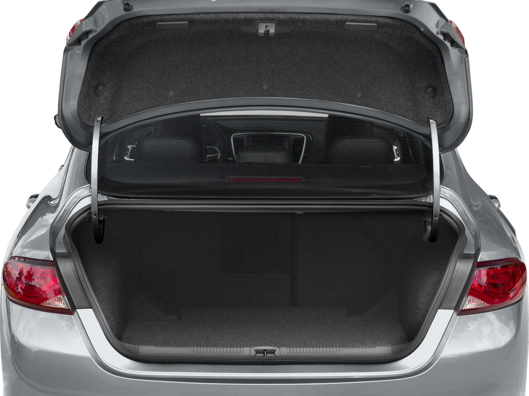 Spacious open trunk of a mid-size sedan.