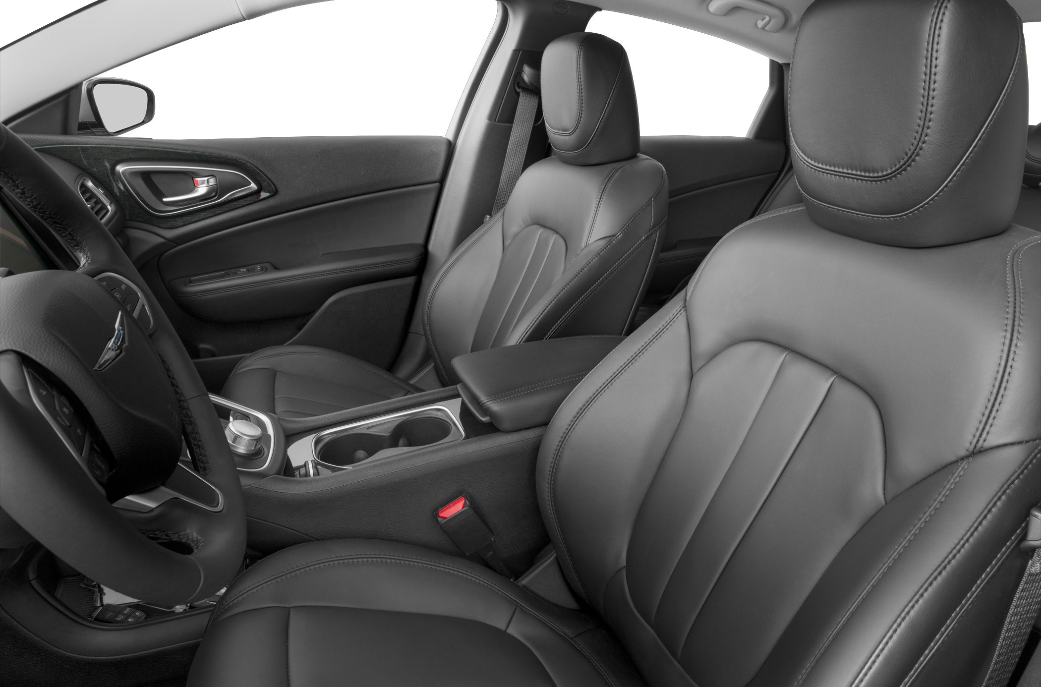 Black leather front seats with detailed stitching and modern dashboard design