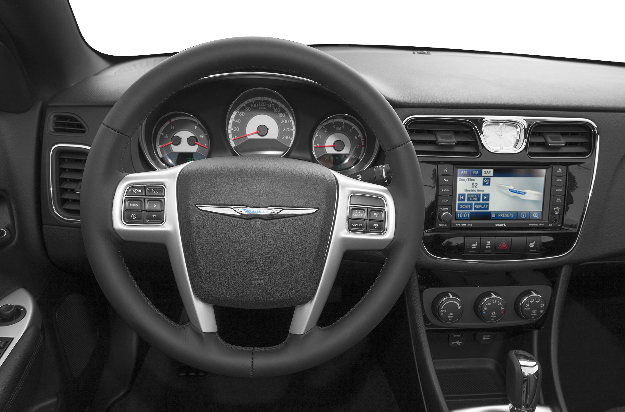 Steering wheel with controls and dashboard with instrument cluster and infotainment system