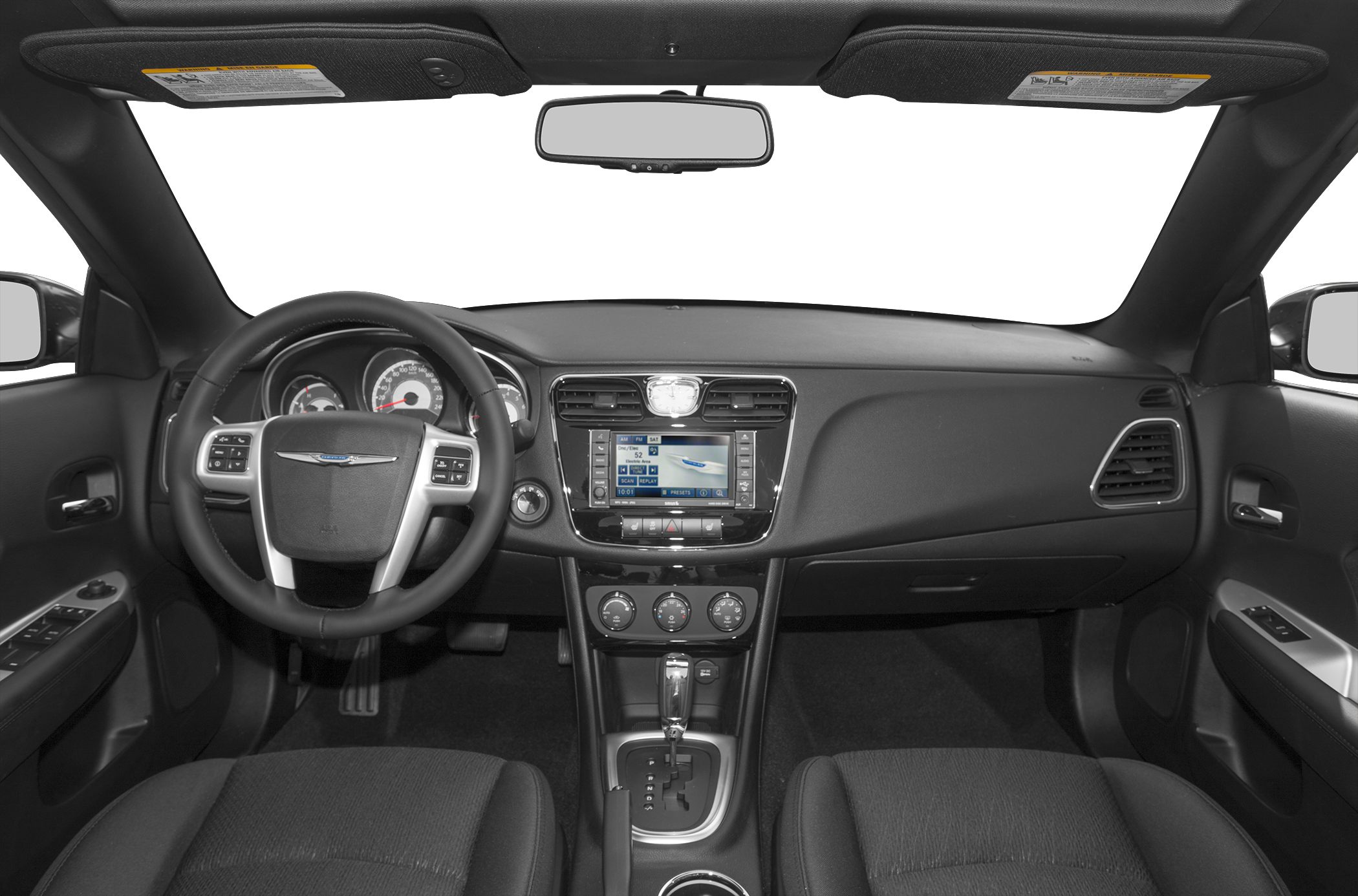 Steering wheel, dashboard with infotainment system and climate controls