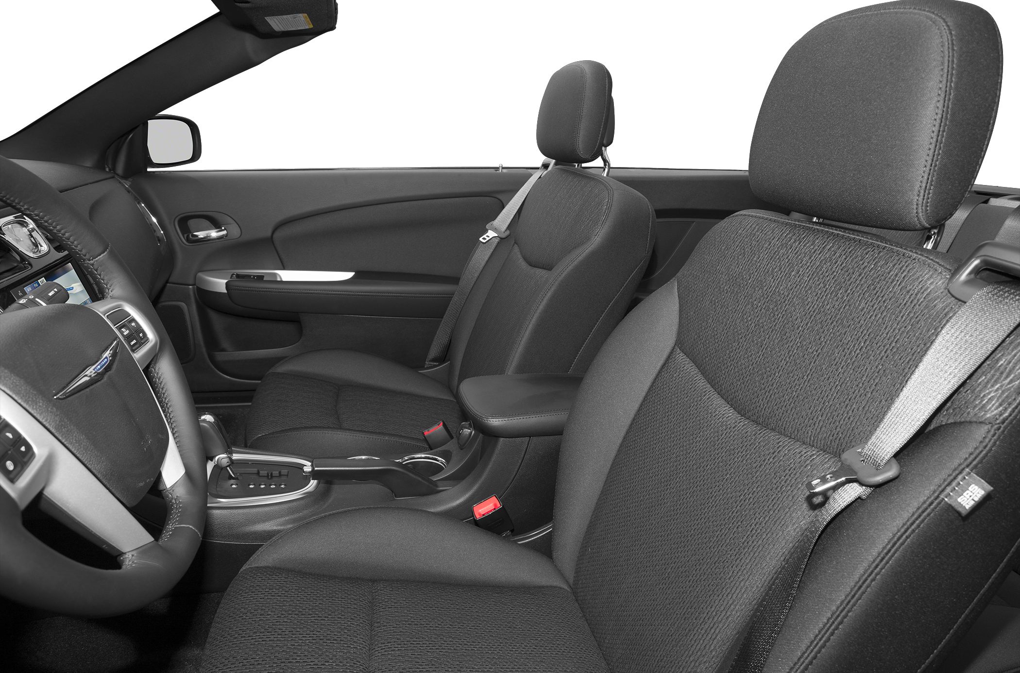 Front seats and center console of a convertible car interior