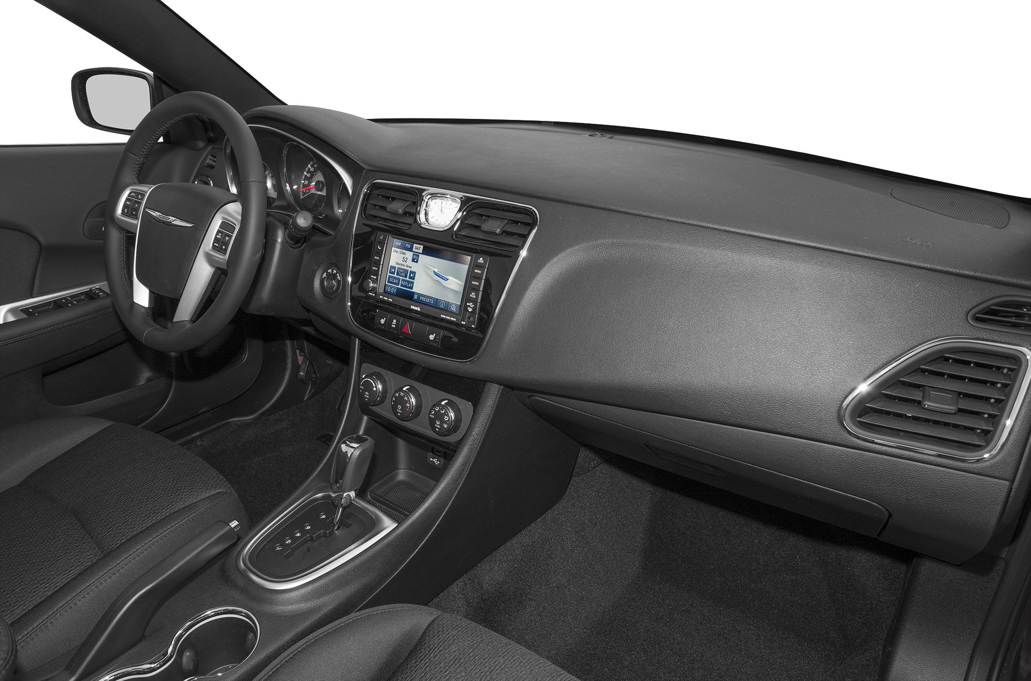 Car interior with dashboard, touchscreen, steering wheel, and center console