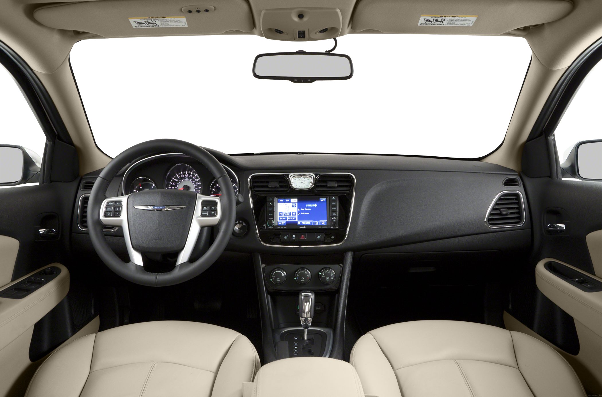 Steering wheel, dashboard, infotainment system, beige seats