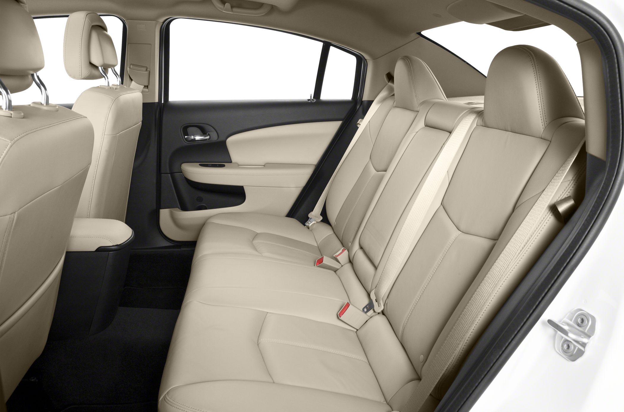 Beige leather rear seating with seat belts and door panel