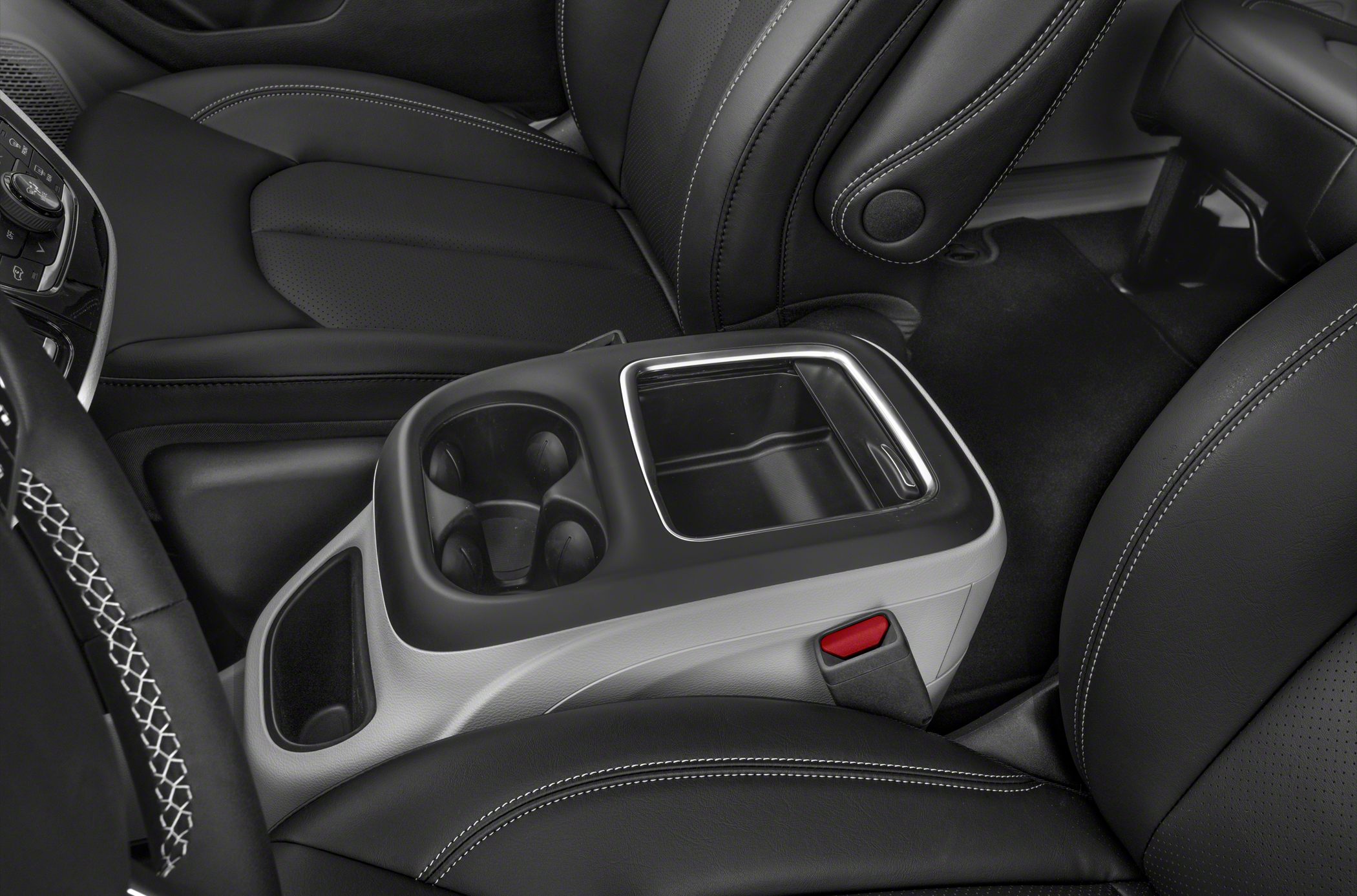 Interior center console with cup holders and storage compartment