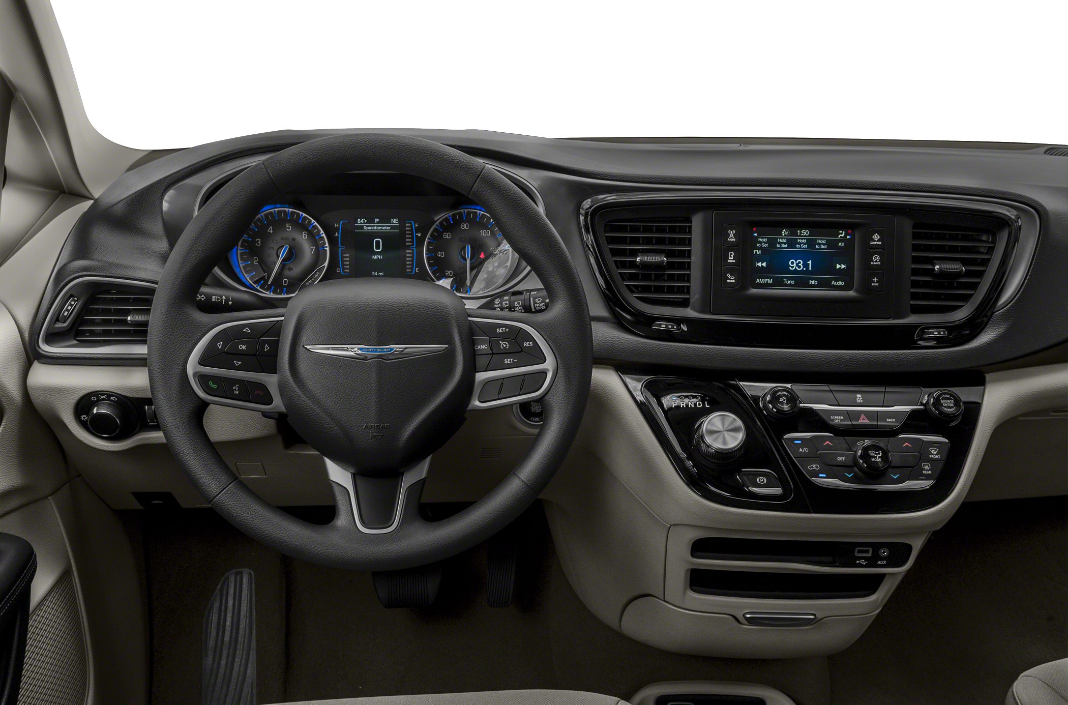 Dashboard with digital gauges and steering wheel with control buttons